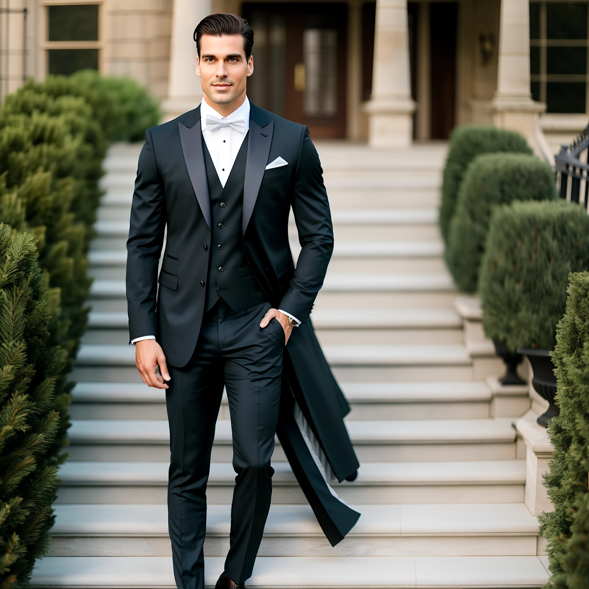 Very handsome man, inspired by Erick Winter, black three-piece suit, standing on a luxurious mansion staircase, serious, tall, realistic