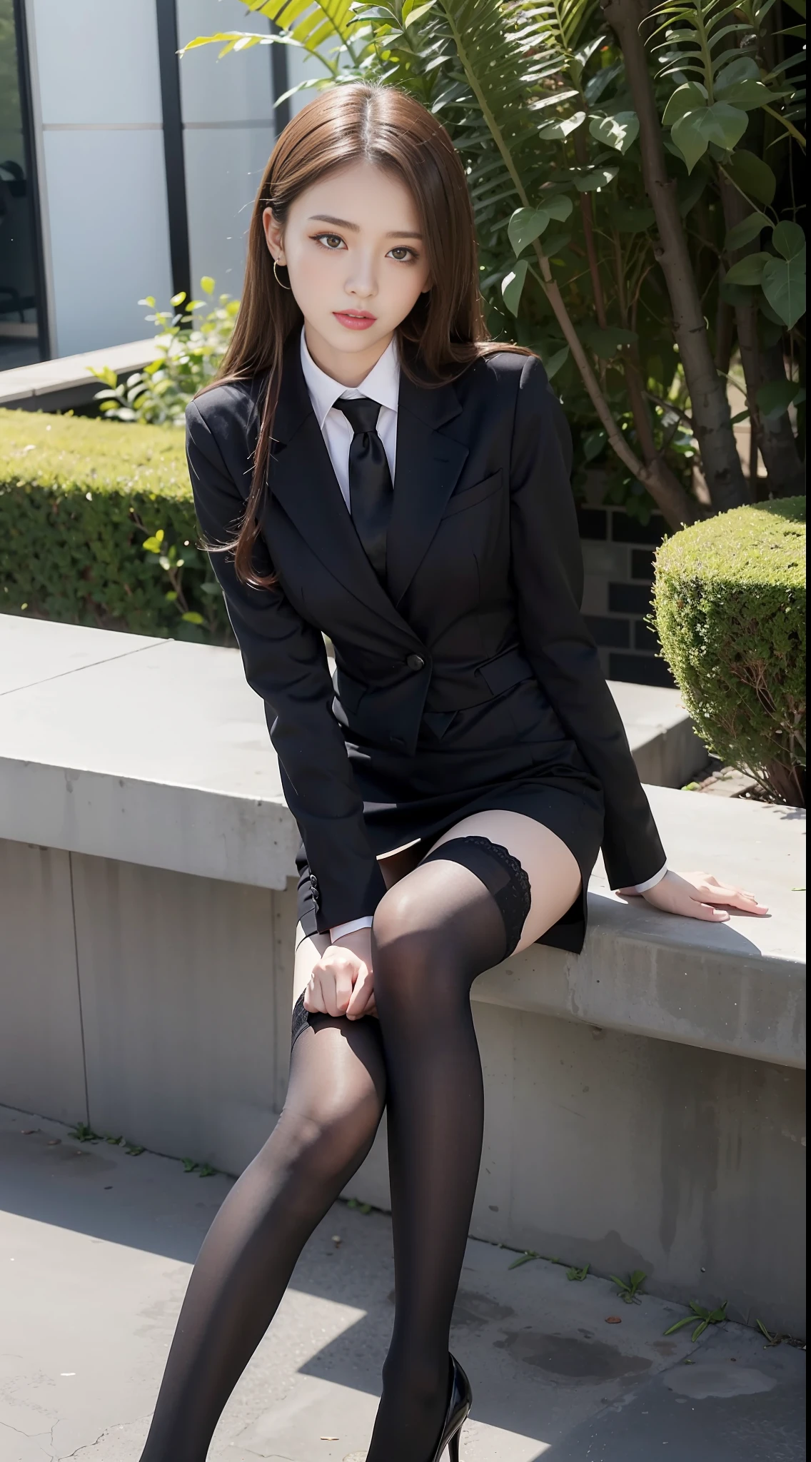 Best quality, full body portrait, beautiful face, relatively thin face, 18 year old girl, slim body, small bust, OL uniform, office clothes, black stockings, black high heels, outdoor scene, sitting position