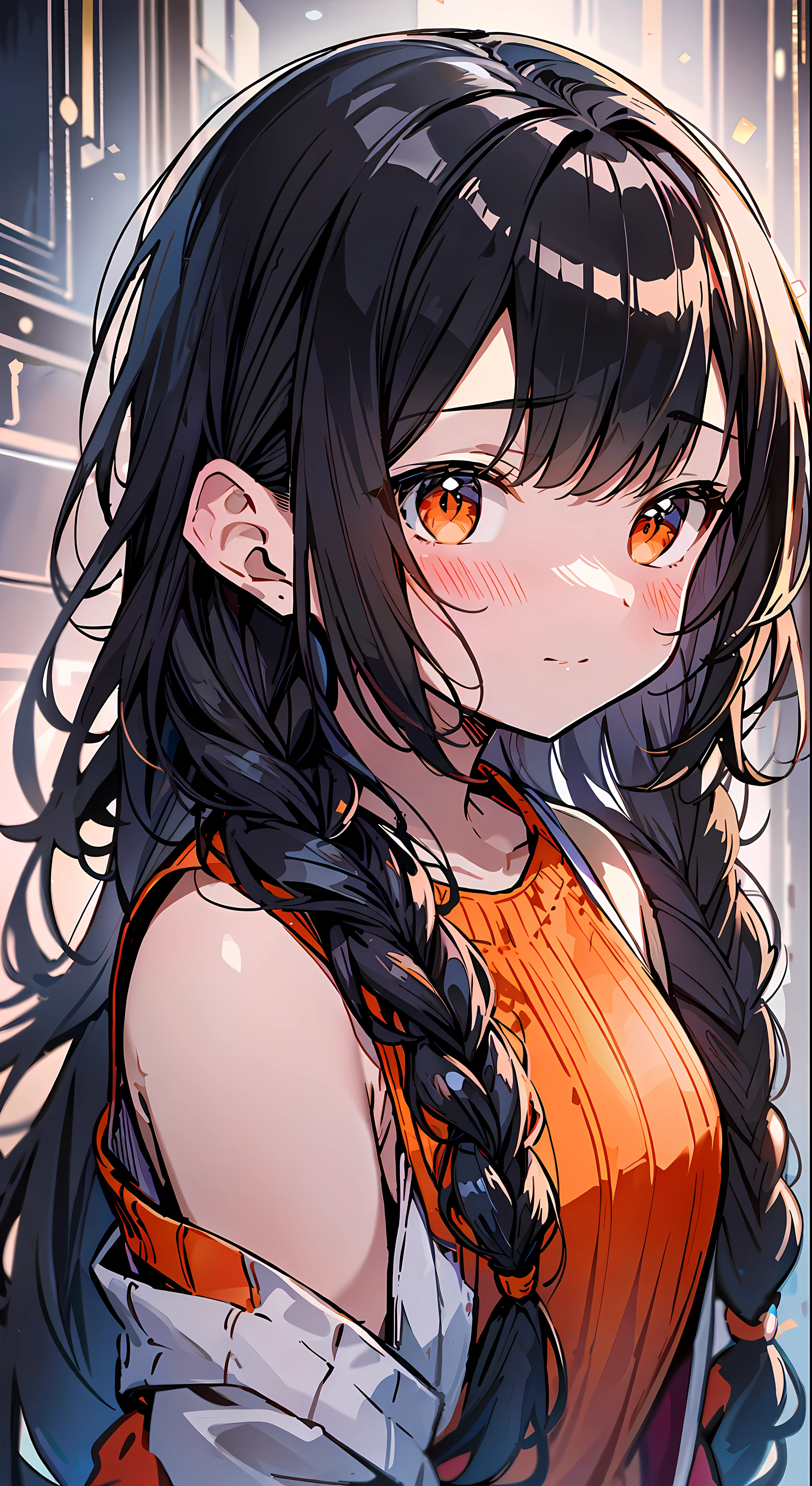 Top Quality, Masterpiece, Ultra High Definition, 8k, Orange Sweater, Anime Style Little Loli, Single, Ultra Detailed Line Art, Digital Enhancement, Anime Core, Flowing Fabric, Close Up, ((Hair length to shoulder and short braid)), staring at me from the front, Soft drawing, Beautiful black hair, Looks really weak, Crisp eyes