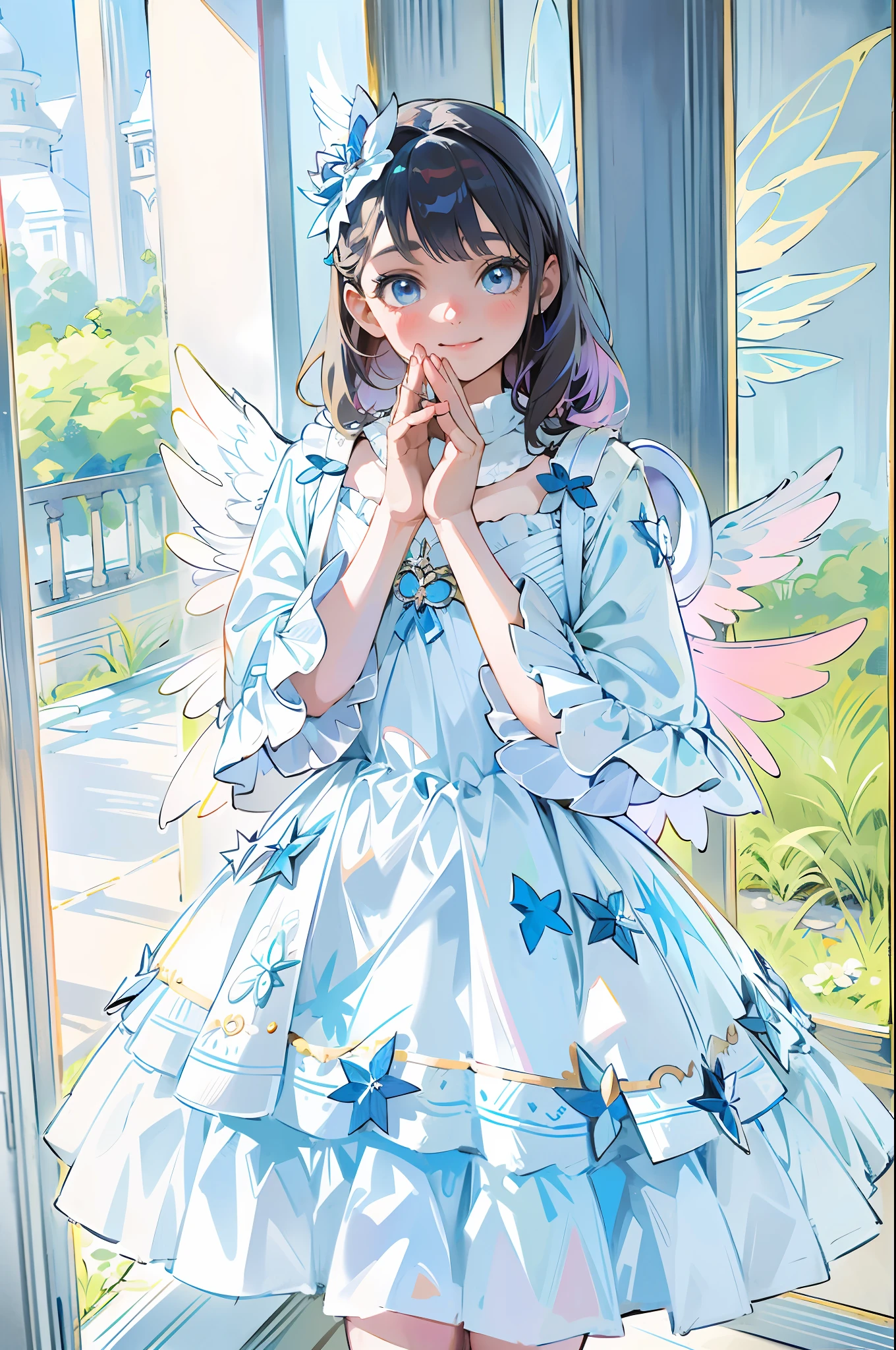 Pretty girl in blue and white dress posing in painting, angelic cute, magical Lolita girl portrait, loli in dress, fairy core, folding hands, prayer pose, angel smiling, angel wings on back