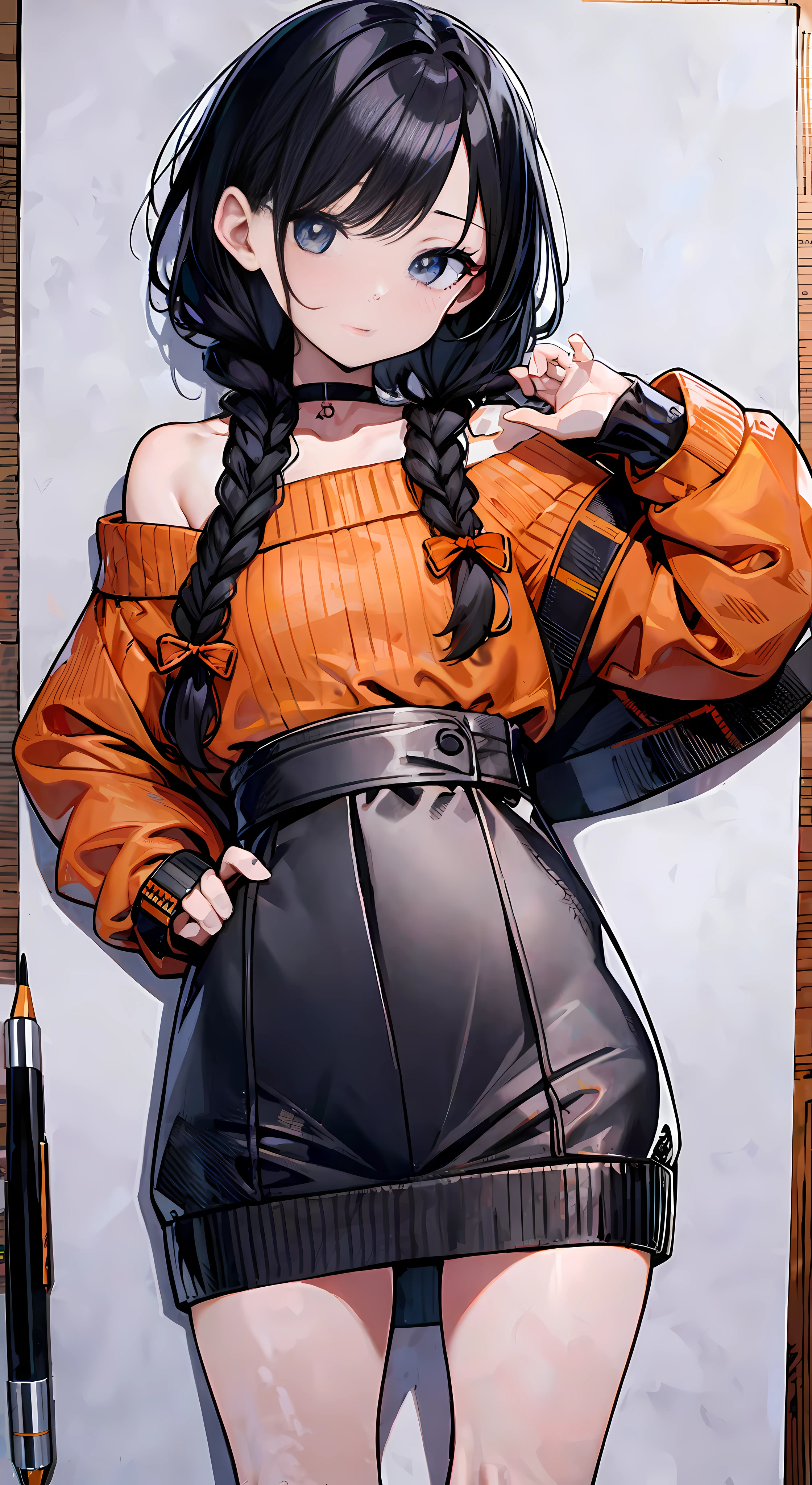 anime girl with long black hair and orange top posing in front of a drawing board, striking detailed artstyle, realistic anime artstyle, anime style 4 k, anime style hyper detailed, clean detailed anime style, highly detailed exquisite fanart, anime style. 8k, detailed digital anime art, detailed anime character art, detailed manga style, style anime, high quality colored sketch