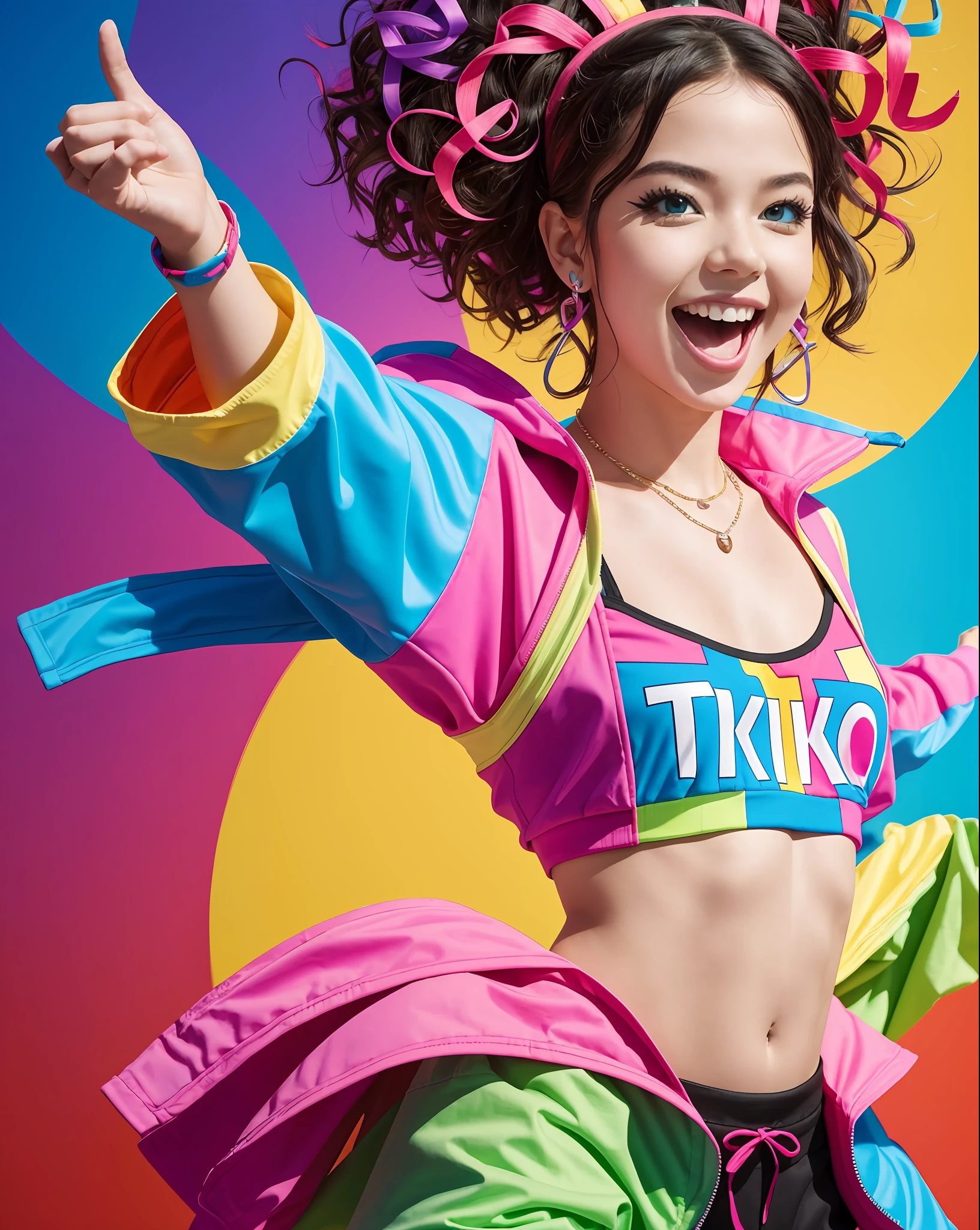 Entertaining performer: Create a (fun-loving)1.1 representation of (TikTok)1.2 as an energetic and expressive person, constantly dancing and creating short videos. They are dressed in (colorful)1.3 and (trendy)1.2 clothing, radiating joy and captivating viewers with their entertaining content.