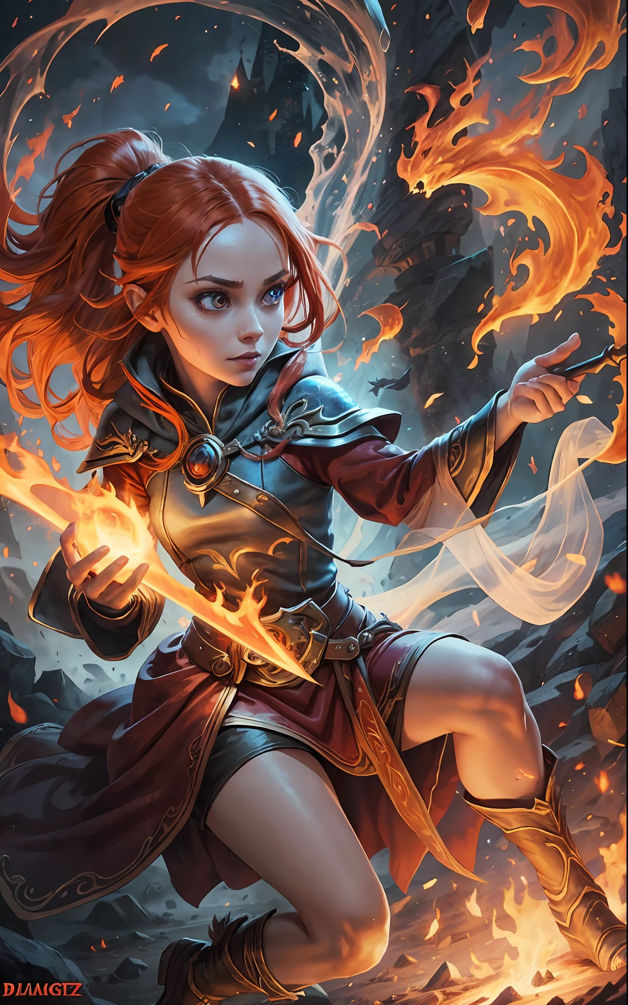 An outstanding beautiful white girl painting, firelight, flame surrounding, fire magic messenger, dota 2 fire girl style, ghost knife style, fire-like hair, long red hair, watery blue big eyes, thin waist, wide hips, mage robes, magic colors, World of Warcraft style, By Blizzard Entertainment, Ultra HD, 8K, real skin texture, best light, best shadow, Lina from dota2, action, wizarding world, Prone view, small mouth, small nose, big eyes, cute, full body, perfect body proportions, enhanced contrast, fire dragon as background, void fragments
