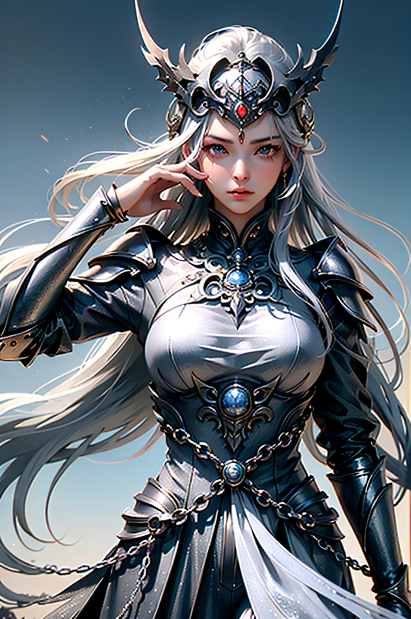 ((woman, air, attack pose, pose variety, close-up, realistic)) realistic visuals, long silver hair, artistic sophistication, captivating beauty, dramatic contrast, 8k wallpaper, absurdity, incredible absurdity, silver helmet gadaxintai gaodanvshen