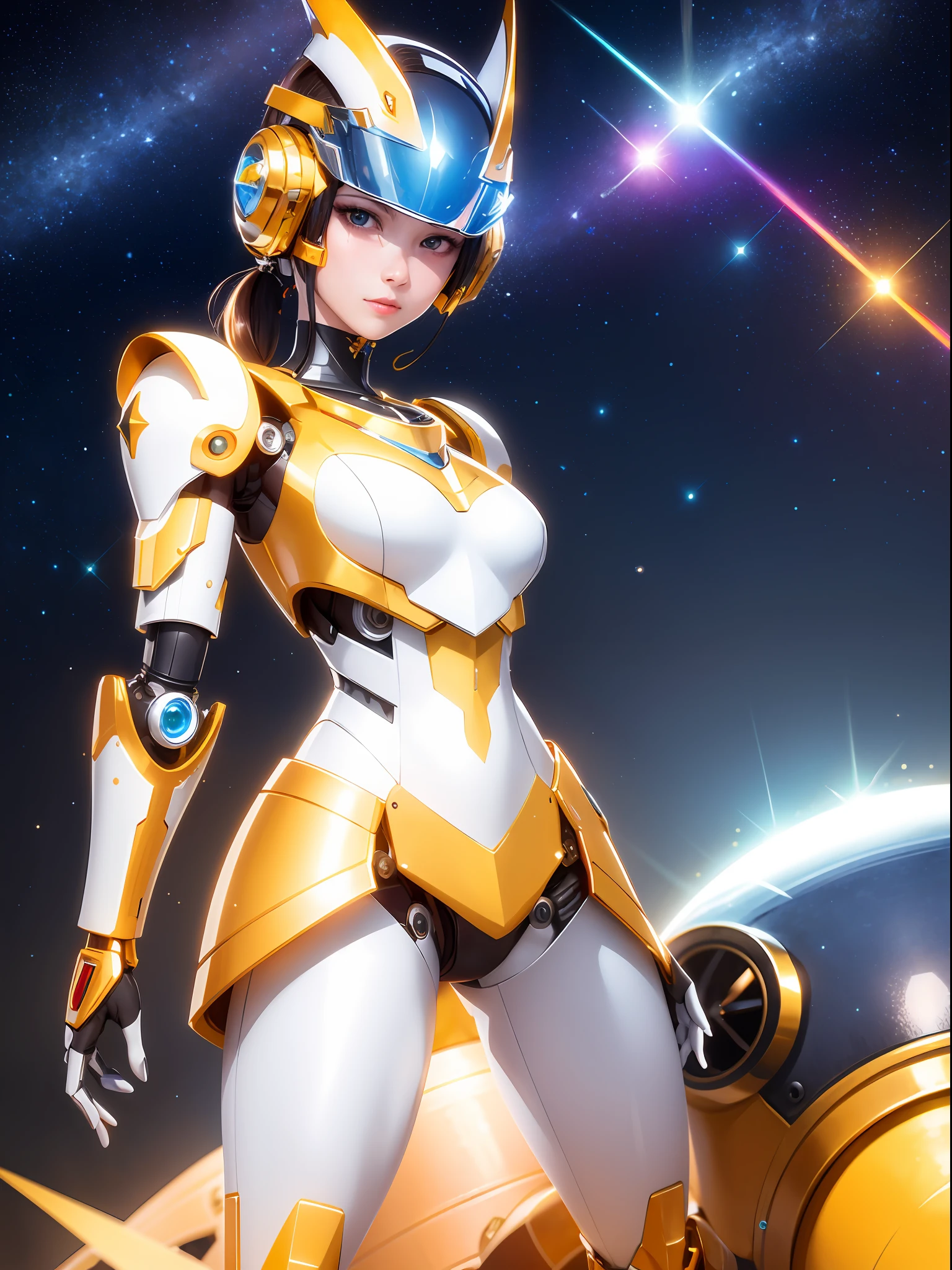 masterpiece, best quality, ultra detailed, colorful, lens flare, upper body, solo, robot, modular helmet, robot joints, jewelry ornament, white armor, shining parts, sparkling, starry sky,