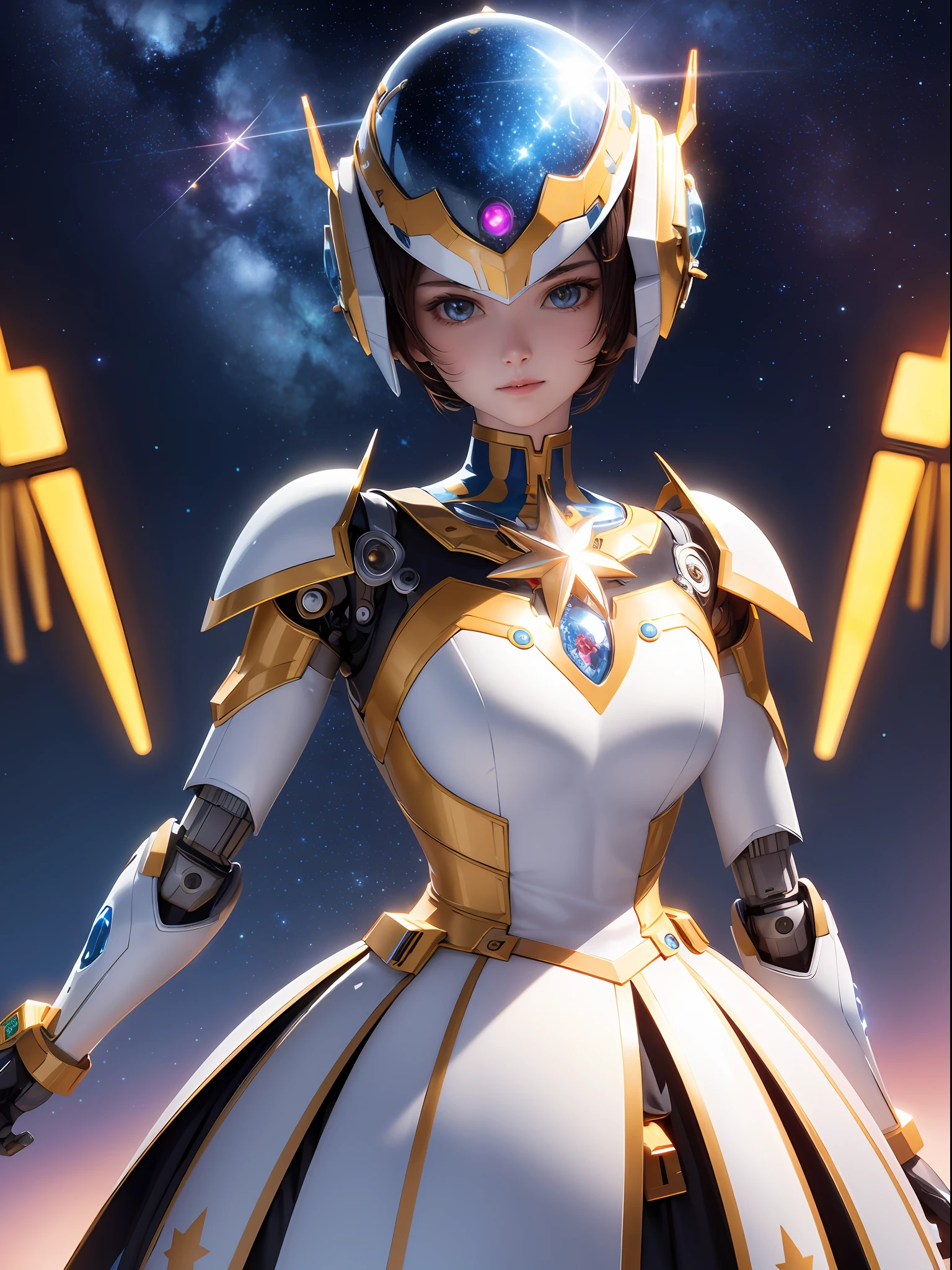 masterpiece, best quality, ultra detailed, colorful, lens flare, upper body, solo, robot, modular helmet, robot joints, jewelry ornament, white armor, shining parts, sparkling, starry sky,