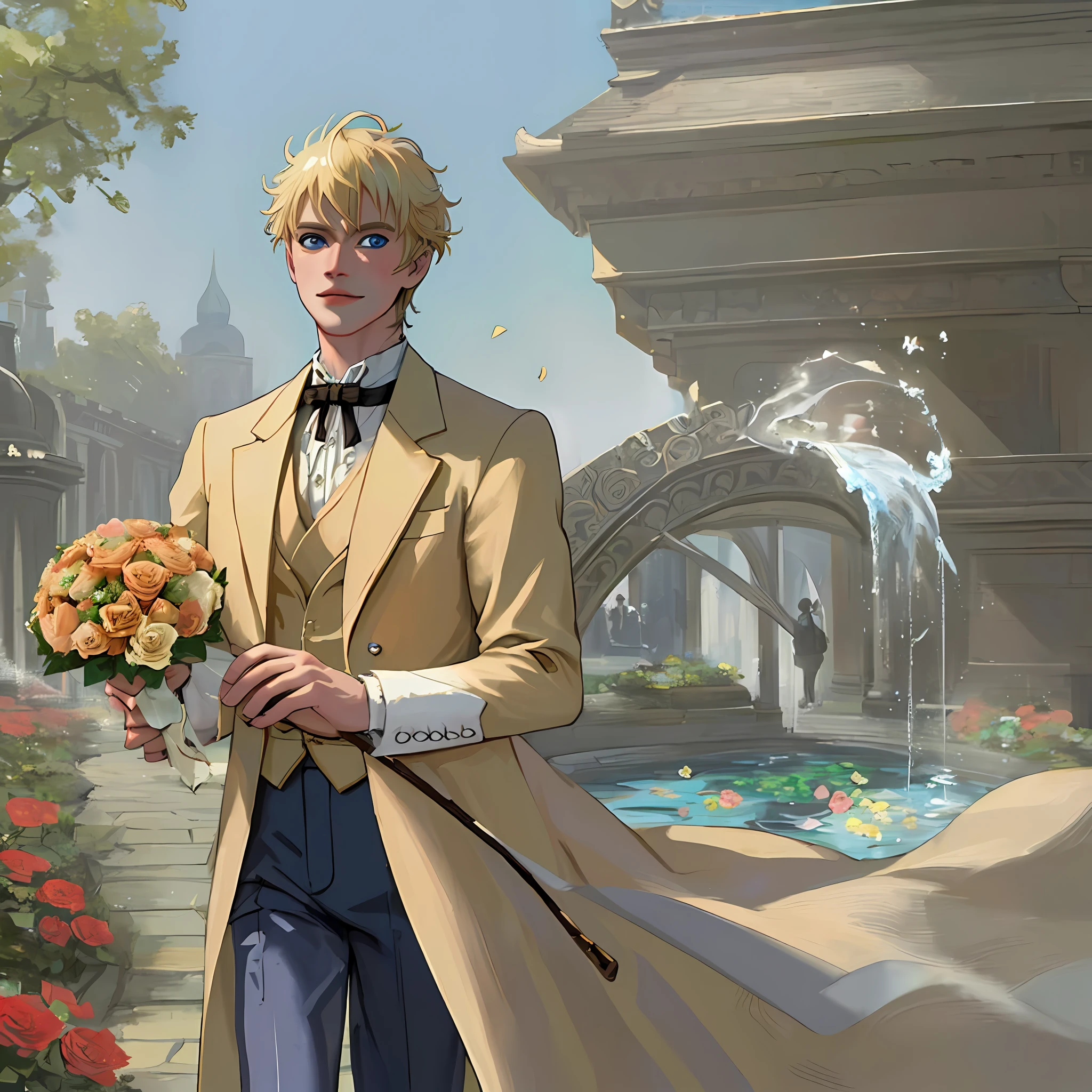 ((((masterpiece)))), (best quality), ((Hyper detailed)), ((High detail)), ((Exquisite detail)), (1 boy), (solo), (cowboy shot), (looking at viewer),((outside)), (((antique))), ((palace)), ((garden)), ((fountain)),
(flower), ((mature male)),((victorian outfit)), ((tall and muscular)), ((whiskermark)), uzumaki naruto, ((blonde hair)), detailed lips, (((prince))), ((blue eyes)), (nobility) ,  ((long pants)), smile, (((holding flower bouquet)))