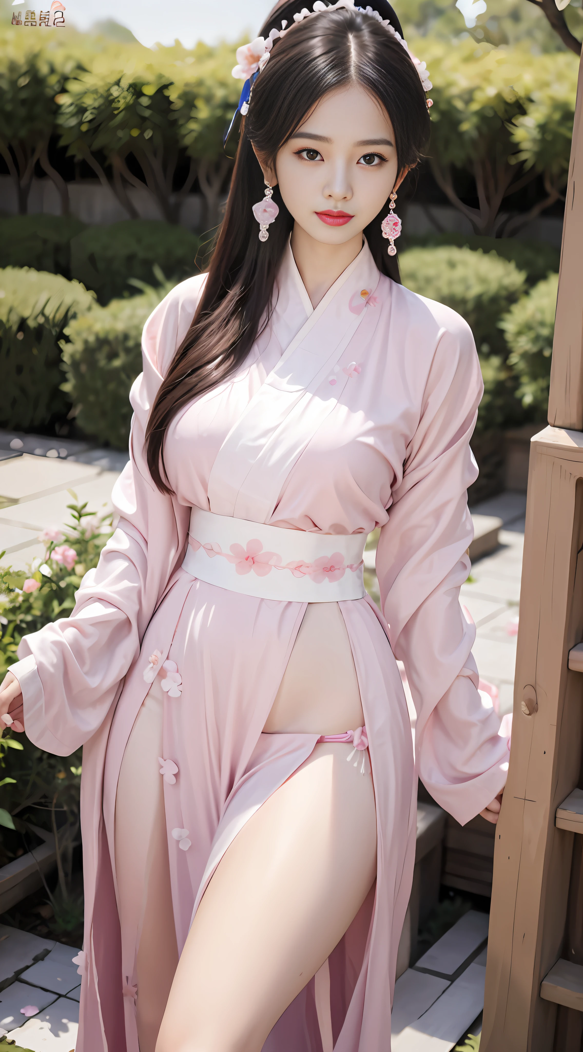 araffe asian woman in pink dress posing in garden, hanfu, white hanfu, flowing sakura silk, flowing sakura-colored silk, palace ， a girl in hanfu, chinese costume, with acient chinese clothes, cheongsam, full body xianxia, traditional chinese clothing, long beautiful flowing kimono, pastel pink robes, wearing ancient chinese clothes