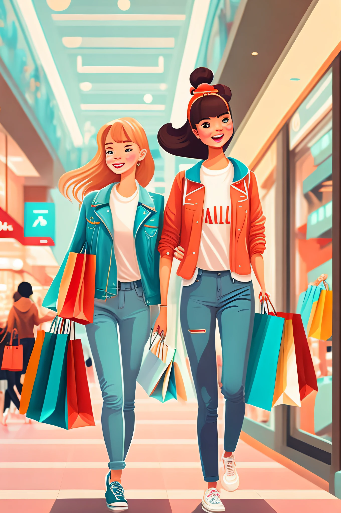 Scene of two girls shopping in shopping mall, lively, bustling, funny and other atmosphere, rzminjourney, vector art