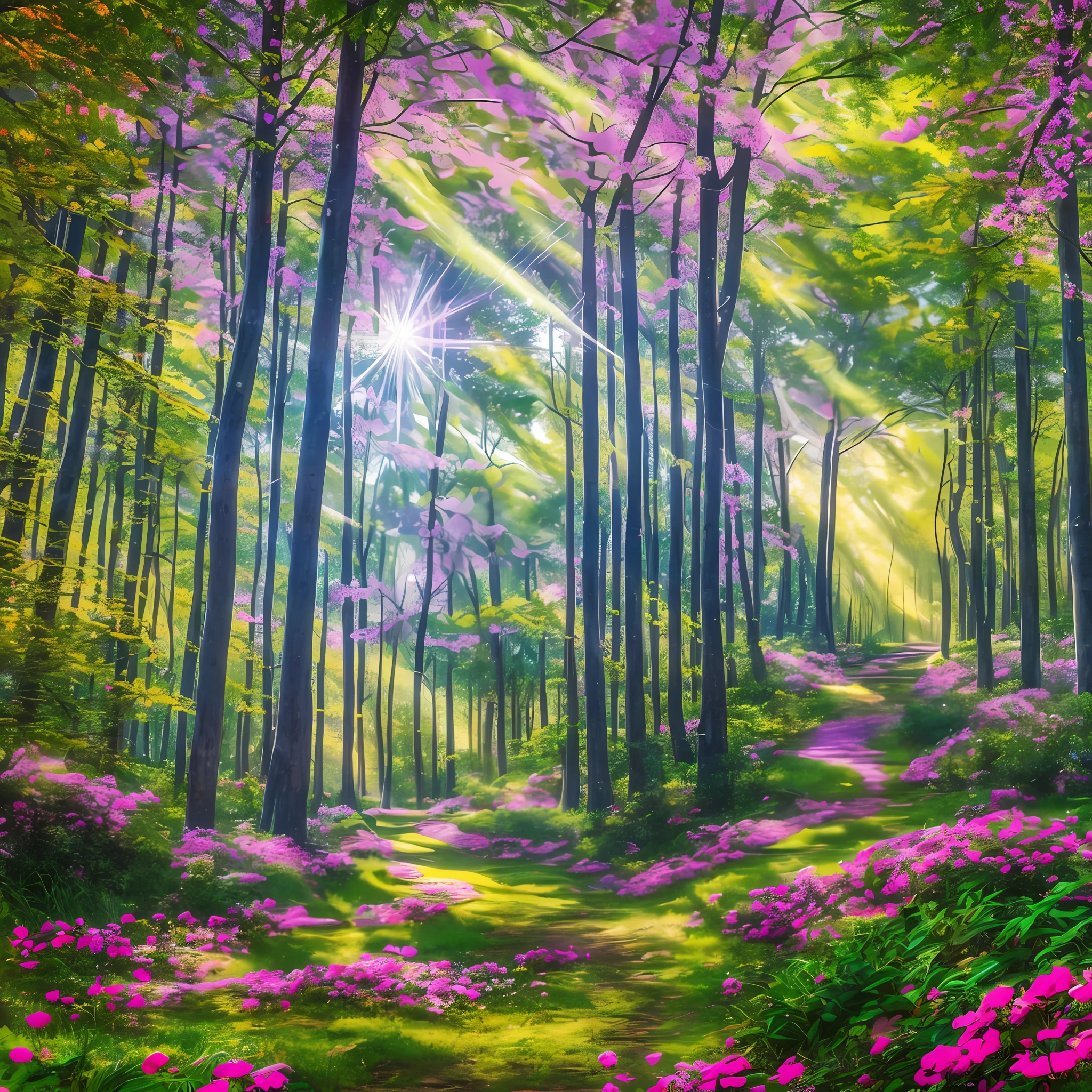 masterpiece, best quality, high quality, extremely detailed 8k wallpaper from CG unit, Magic forest, village, magic kingdom in the forest, vivid trees, colorful flowers, sunrays, Animated scenery, hyper detailed, HDR, bloom, realistic photo --auto --s2