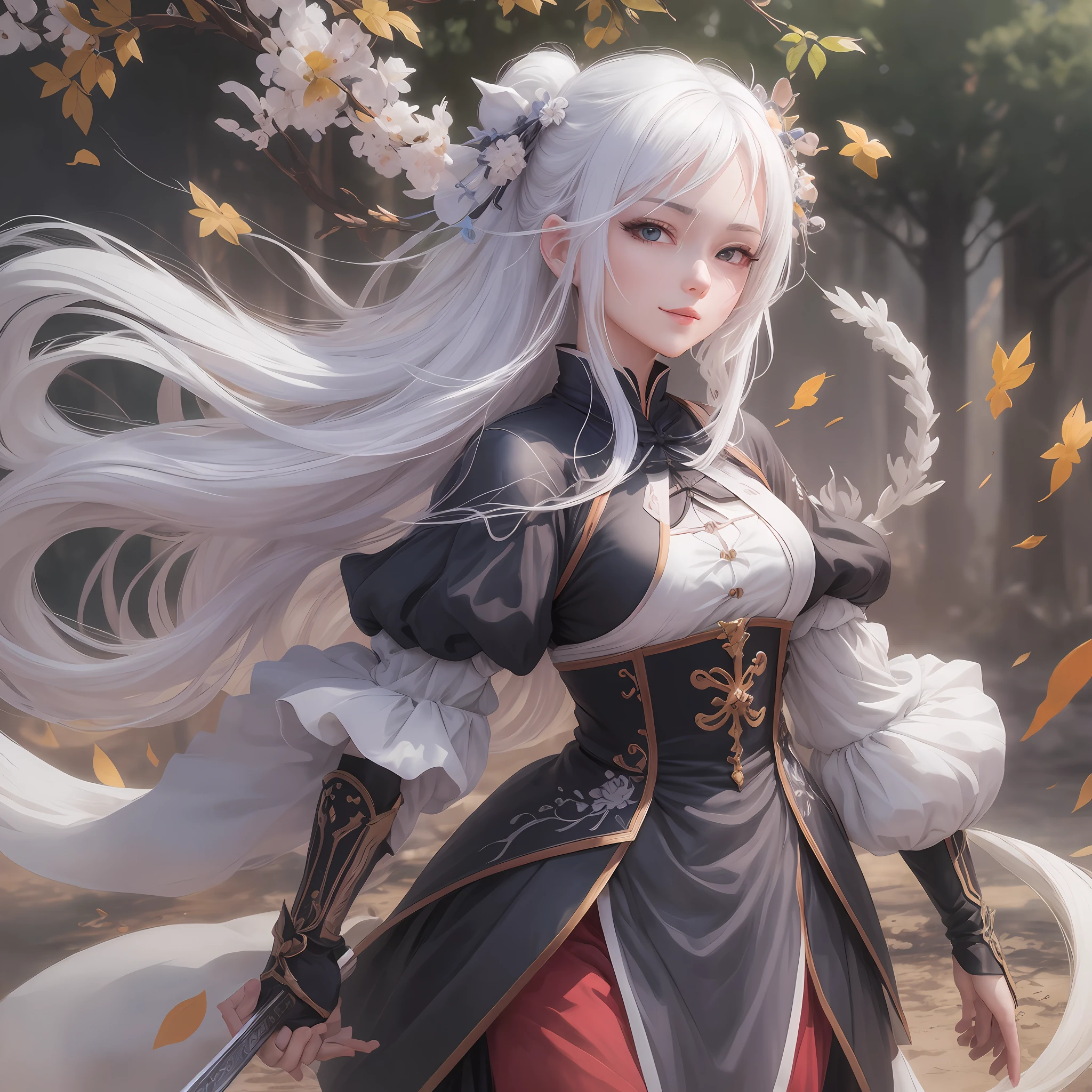Anime real person, white hair, cute girl, carrying a sword, happy expression, rich environment setting, with special effects of Xiuxian novels --auto --s2