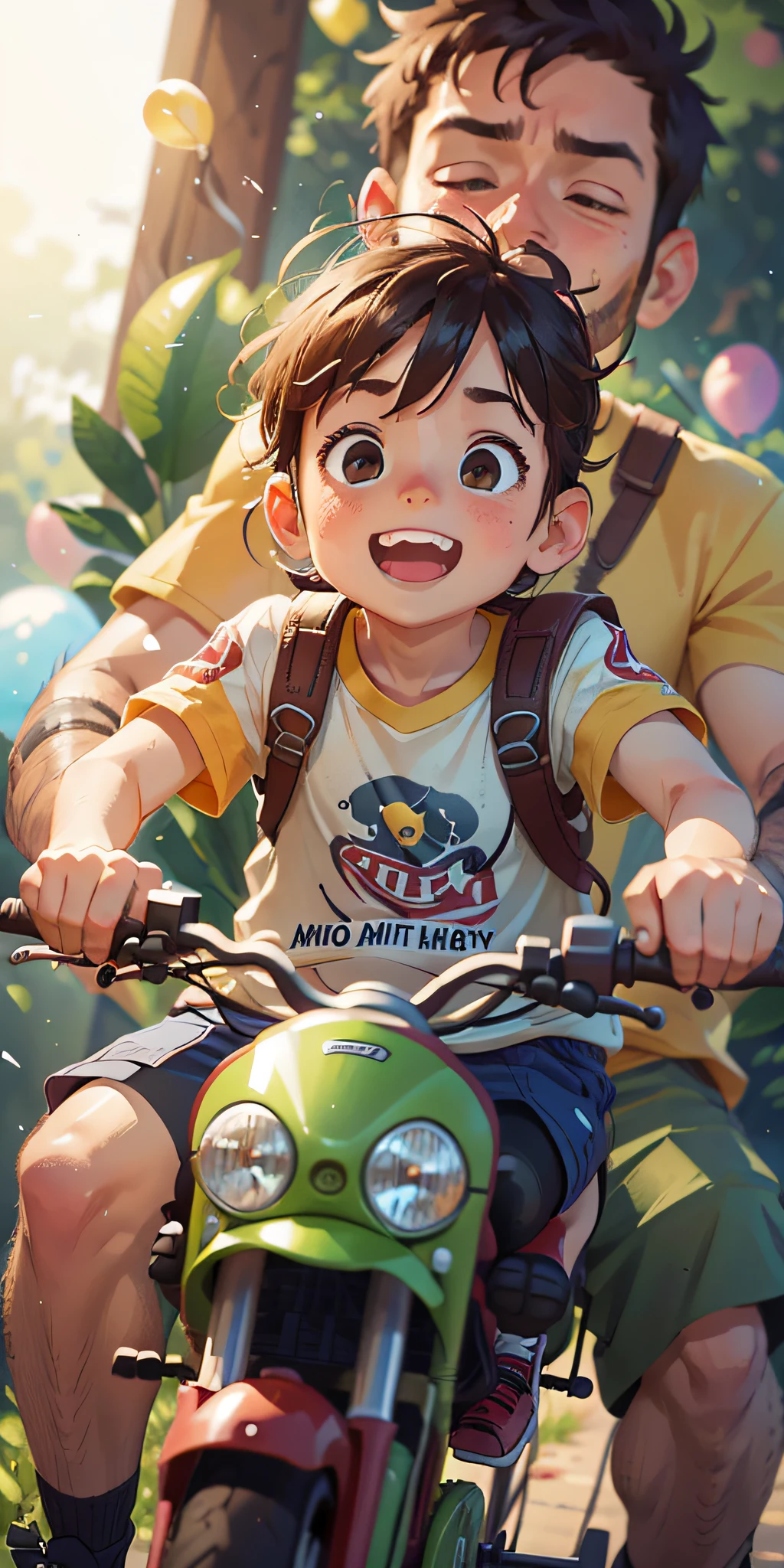 Father riding a bike with small child sitting in the back seat, zoo, many balloons, happy, happy, perfect quality, clear focus (clutter - home: 0.8), (masterpiece: 1.2) (realistic: 1.2) (bokeh) (best quality) (detailed skin: 1.3) (intricate details) (8K) (detail eyes) (sharp focus), (happy), whole body, two children, clean background, running