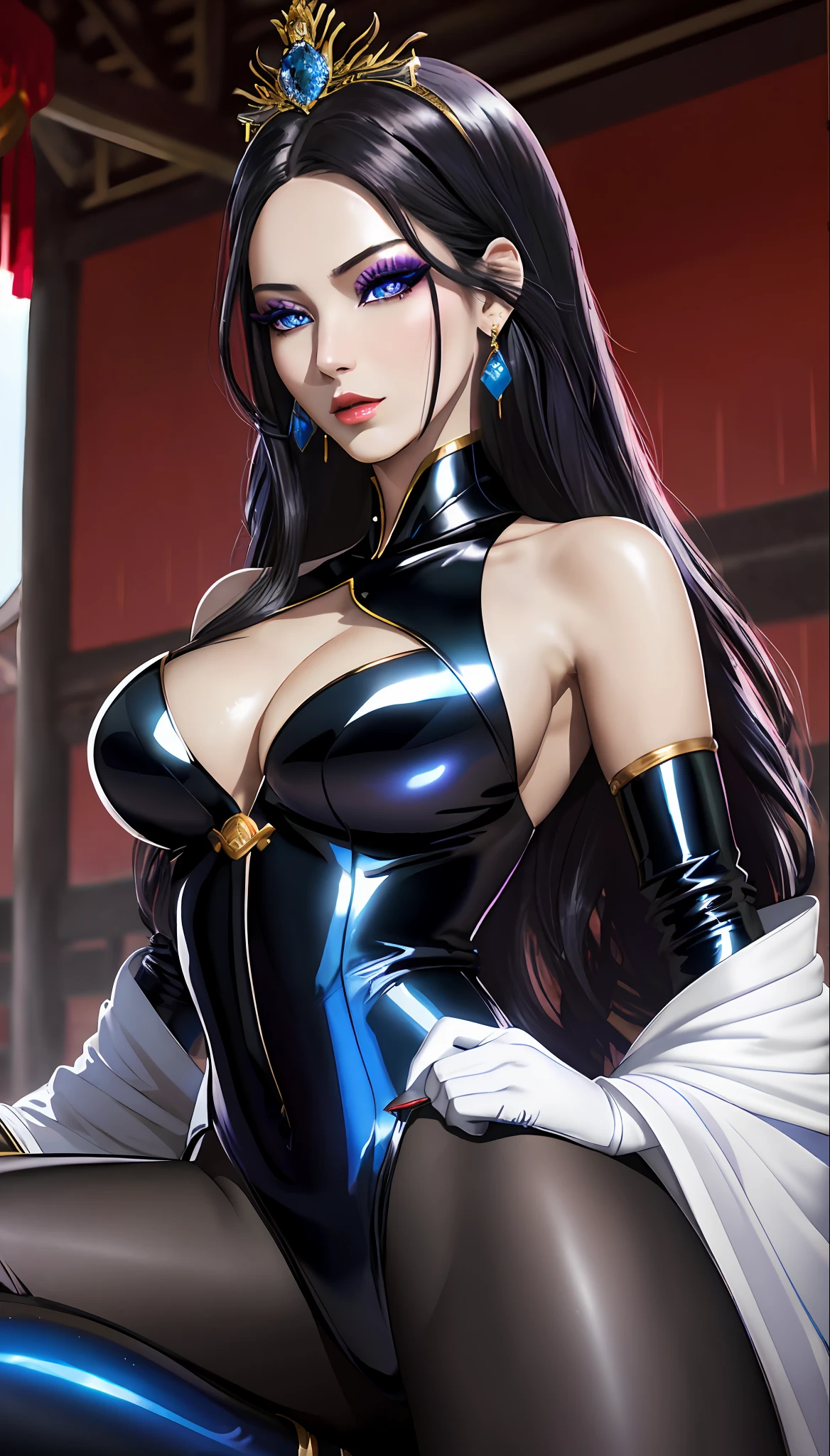 The Dragon Empress (1 woman, long black hair, blue eyes, white skin, medium breasts, makeup, lots of shine, dark eyelashes, dark shadow, perfect nose), Korea, shoulders showing, onepiece bodysuit, tight, wetlook, neckline, long earring, masterpiece, best quality, 8k, sharp focus, chromatic aberration, best shadows, perfect lights, HDR, realistic skin texture, hyper detailed background, photorealistic, RAW photo, Bright body, insanely detailed, sexy Lewd, ECCHI: 1.5, Royal Tiara, Long Fingerless Gloves, At A Pagoda by Lakeside