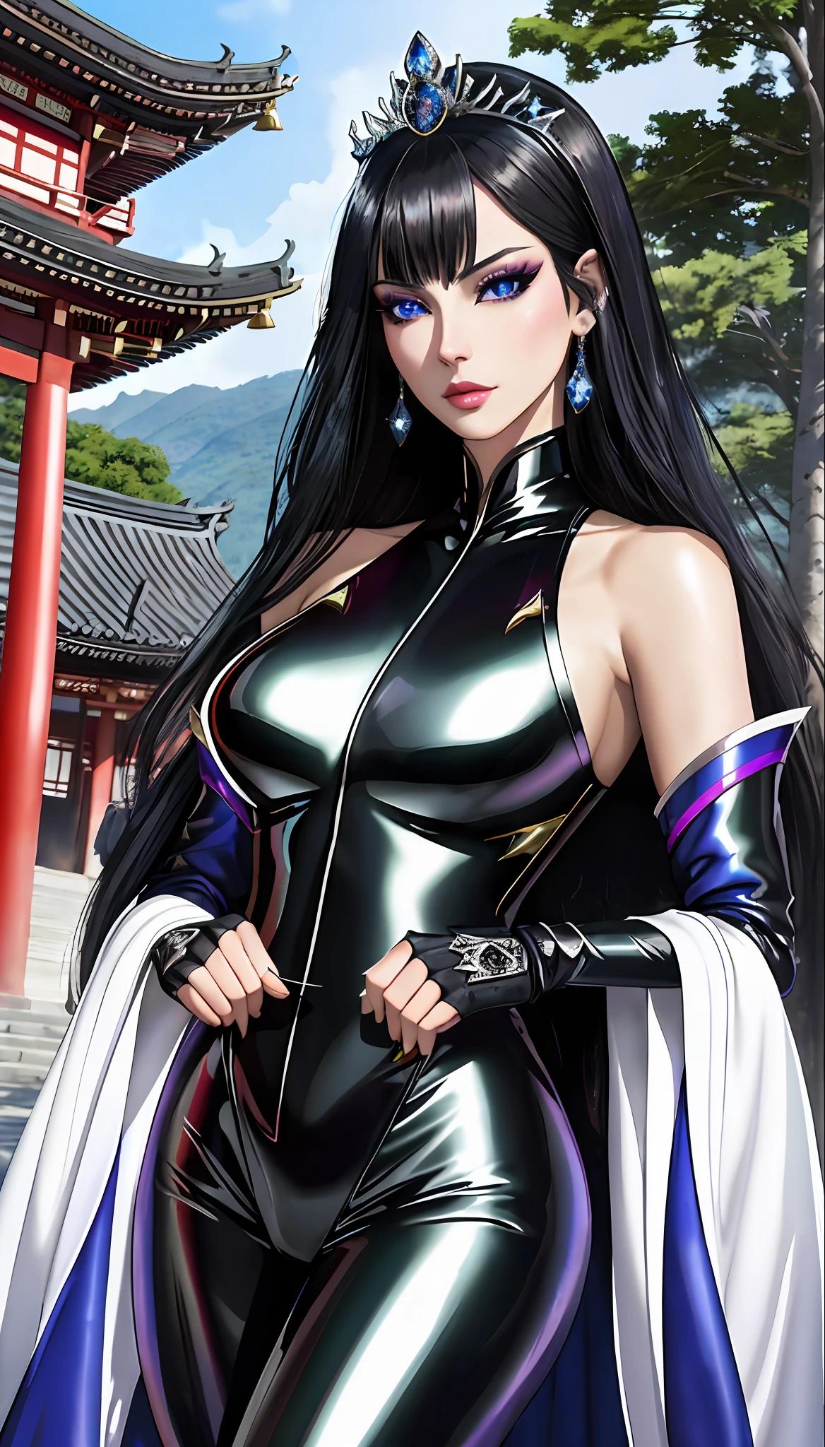The Dragon Empress (1 woman, long black hair, blue eyes, white skin, medium breasts, makeup, lots of shine, dark eyelashes, dark shadow, perfect nose), Korea, shoulders showing, onepiece bodysuit, tight, wetlook, neckline, long earring, masterpiece, best quality, 8k, sharp focus, chromatic aberration, best shadows, perfect lights, HDR, realistic skin texture, hyper detailed background, photorealistic, RAW photo, Bright body, insanely detailed, sexy Lewd, ECCHI: 1.5, Royal Tiara, Long Fingerless Gloves, At A Pagoda by Lakeside