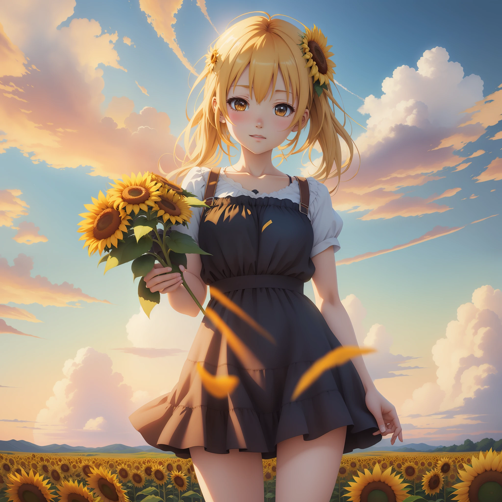 Anime girl with sunflower in sunflower field, beautiful sunflower anime girl, made with anime painter studio, art in guvez style, drawn in anime painter studio, scene: sunflower field, scene: sunflower field, smooth anime CG art, realistic anime art style, anime realism style, guvez on pixiv artstation, new sea castle style