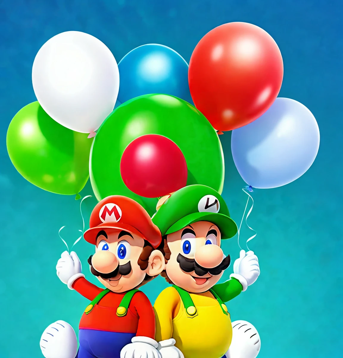 16:9, birthday background image, surrounded by balloons, with Mario and Luigi