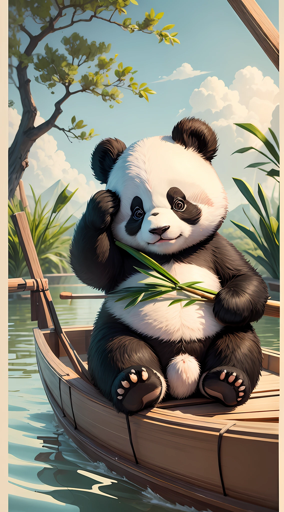 Cute panda in rowing, zongzi, fresh, sky, black and white panda