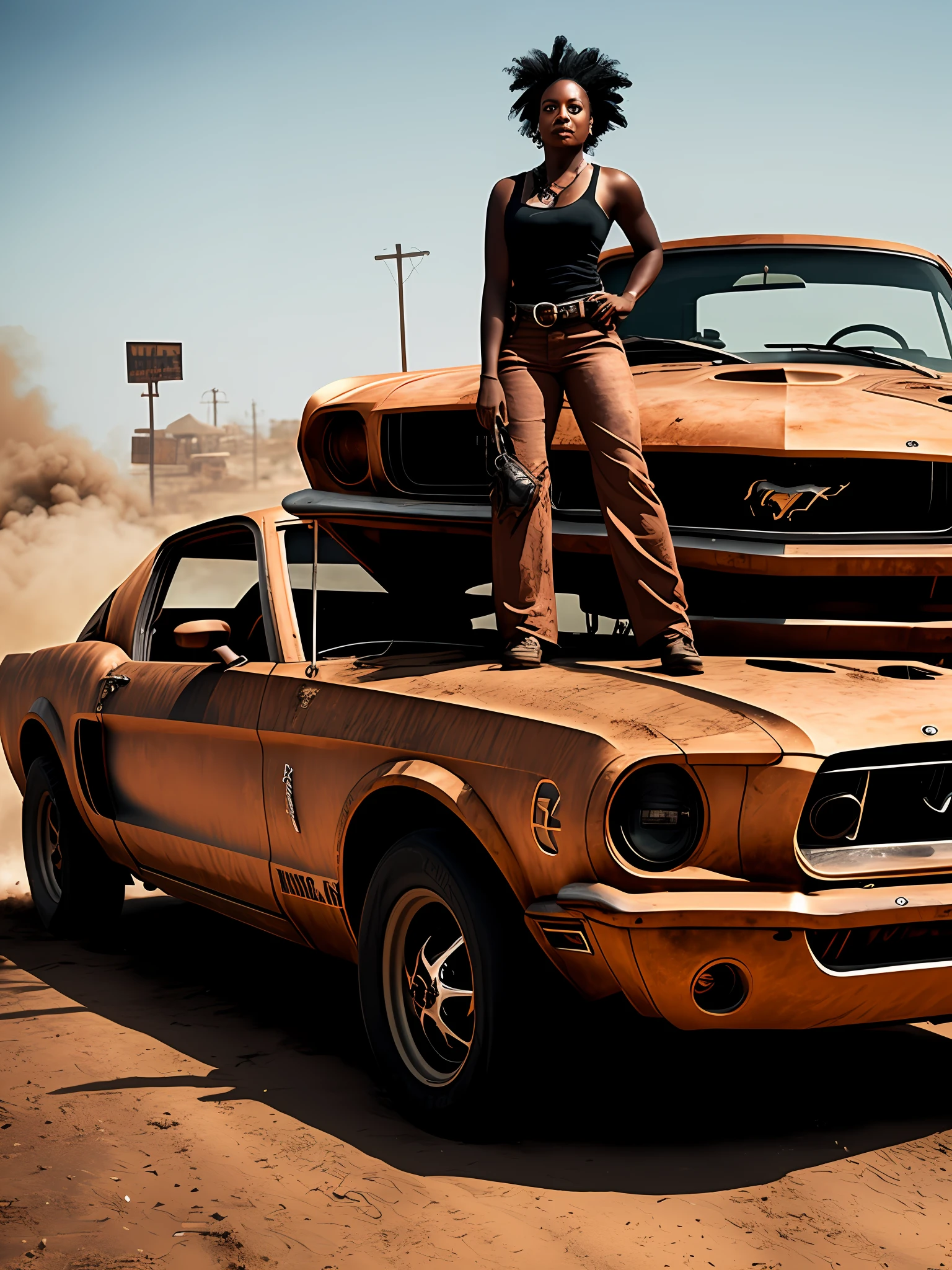 Rusty mustang car with a black woman on the side of the post-apocalyptic scenario.