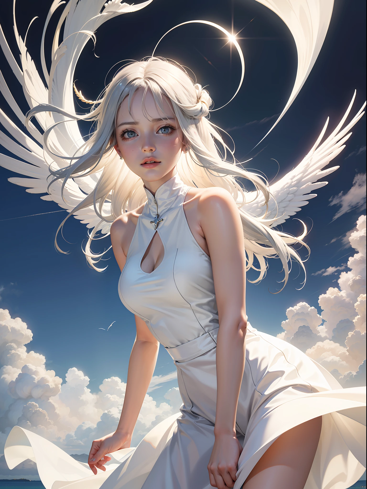 Best image quality, perfect masterpiece, super high resolution, 1.4x realism, cinematic lighting, sense of sacredness, an angel girl wearing a white dress, silver hair, a halo on her head, floating in Christ's paradise, sunny, face lit, holy light surrounding, applying the Tyndall effect, prayer pose. At the same time, angels flew in the air, extreme light and shadow, and hair fluttered in the wind.