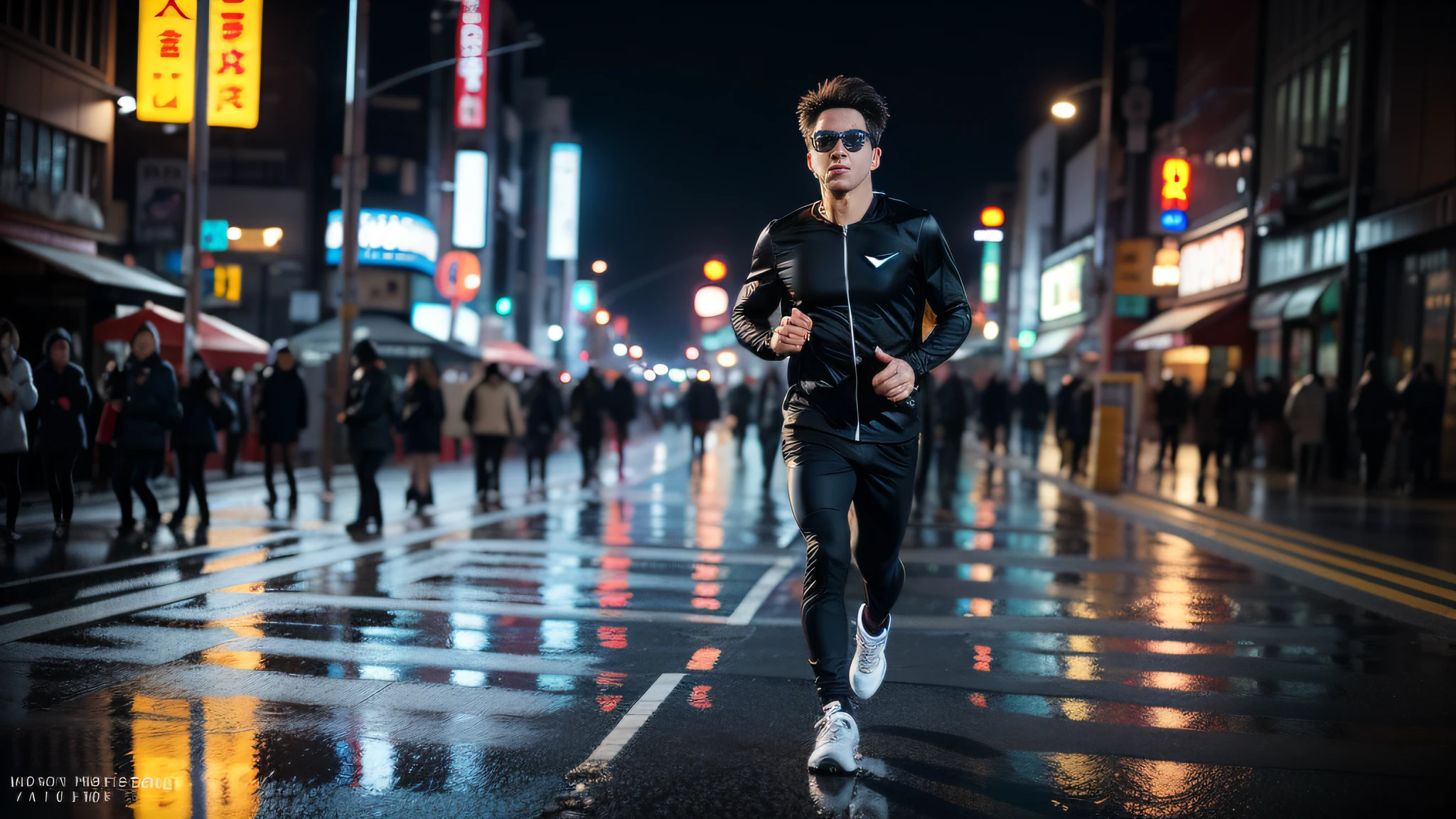 Photo, (Photorealistic: 1.4), (Smooth lighting: 1.05), (Improved lighting quality in movies: 0.9), Man running, Young Japan, (Fine quality face: 1.3), Sports sunglasses, Fist clenching, black warm-up wear, NIKE shoes, Full body, Side view, Tokyo at night, Akihabara, Neon, Illumination, Rain, Ground is wet, CANON :50mm, f:1.8, very realistic detail, ultra high resolution,