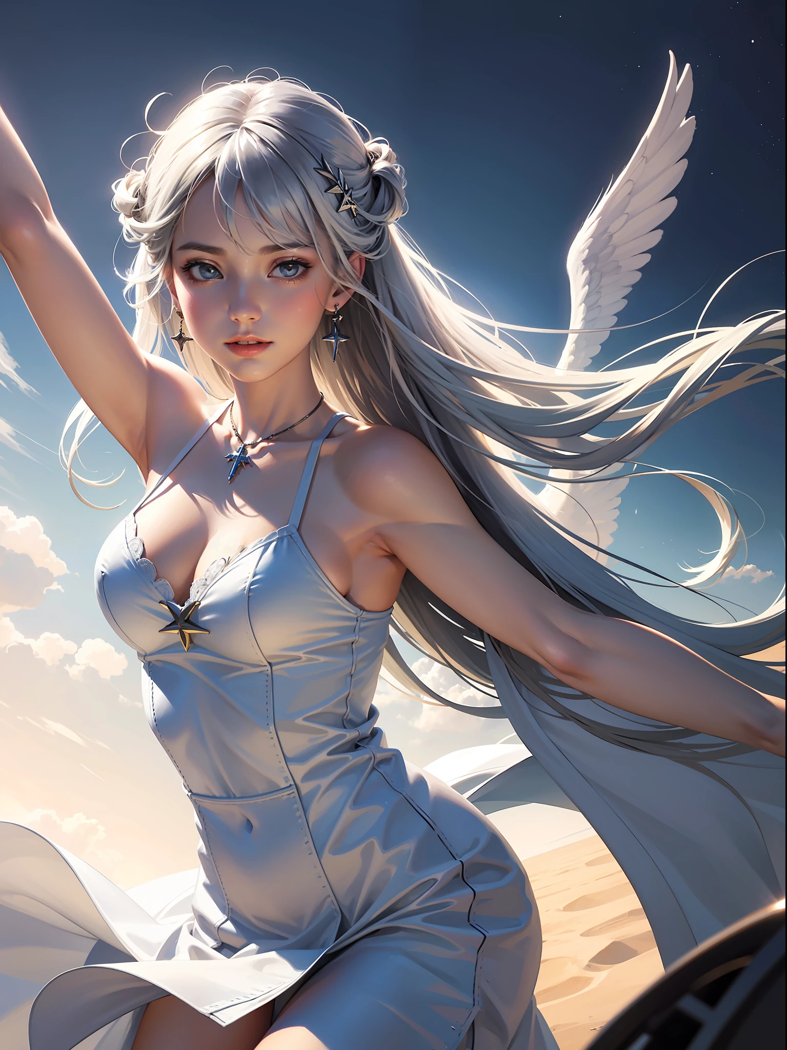 Best image quality, perfect masterpiece, super high resolution, 1.4x realism, cinematic lighting, sense of sacredness, an angel girl wearing a white dress, silver hair, a halo on her head, floating in Christ's paradise, sunny, face lit, holy light surrounding, applying the Tyndall effect, prayer pose. At the same time, angels flew in the air, extreme light and shadow, and hair fluttered in the wind.