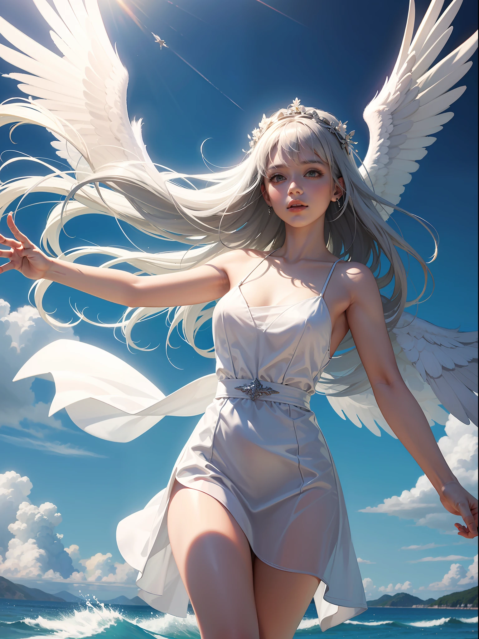 Best image quality, perfect masterpiece, super high resolution, 1.4x realism, cinematic lighting, sense of sacredness, an angel girl wearing a white dress, silver hair, a halo on her head, floating in Christ's paradise, sunny, face lit, holy light surrounding, applying the Tyndall effect, prayer pose. At the same time, angels flew in the air, extreme light and shadow, and hair fluttered in the wind.