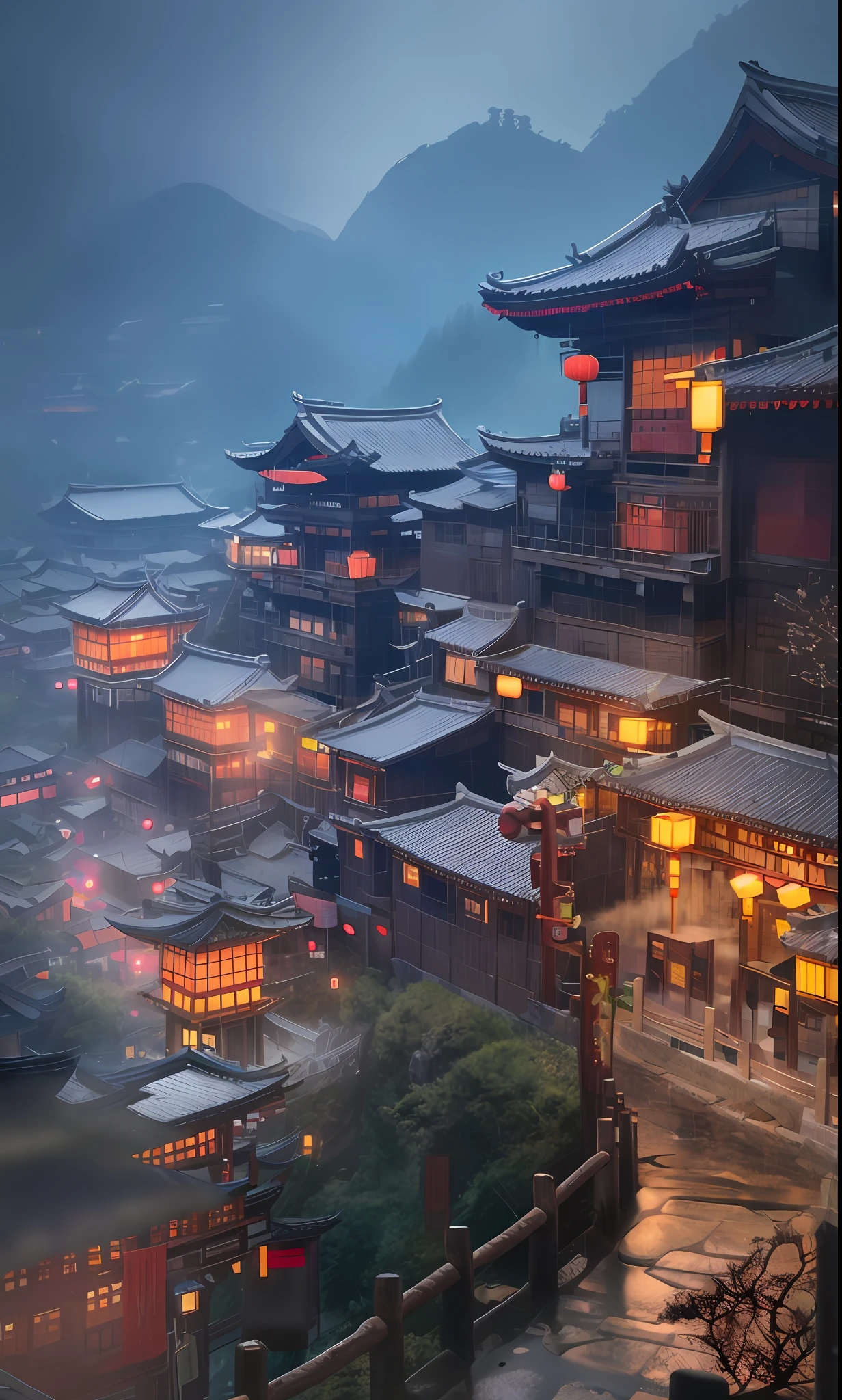 arafed view of a village with a lot of lights on the buildings, dreamy chinese town, chinese village, amazing wallpaper, japanese town, japanese village, hyper realistic photo of a town, old asian village, japanese city, by Raymond Han, rainy evening, cyberpunk chinese ancient castle, beautifully lit buildings, at evening during rain, beautiful and aesthetic, photography, cinematic, 8k, high detailed ((Heavy rain)))