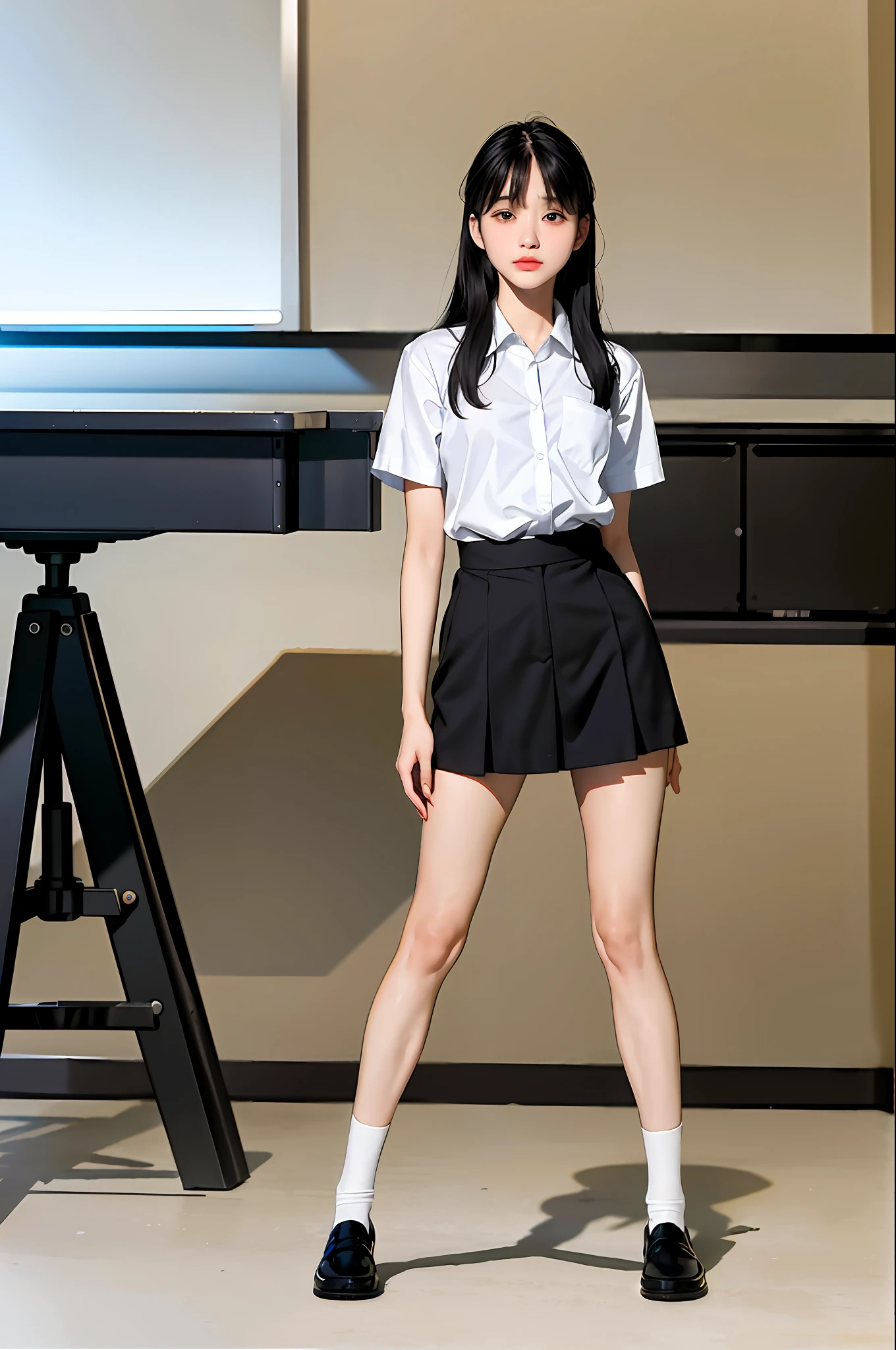 Masterpiece, Best Quality, (Dark Photo: 1.3), Realistic, 1girl, Flat Bangs, Stunning Innocent Symmetrical Face, Shirt, Emotional, Ulzzang, (PureErosFace_V1:0.7), Chinese, Long Slender Legs, Full Body Detailing, Golden Ratio, RAW Photo, Short Black Straight Hair, 20 Years Female, Long Black Hair, Looking Straight at the Audience, White Stocking Legs, Obsessed with Full Body Detail of Legs, Wearing JK Uniform, Loafers, Classroom, Random Pose, Depth of Field, Canon 5D, 50mm lens, f/4 aperture, sharp focus, soft colors, 8K, awareness,