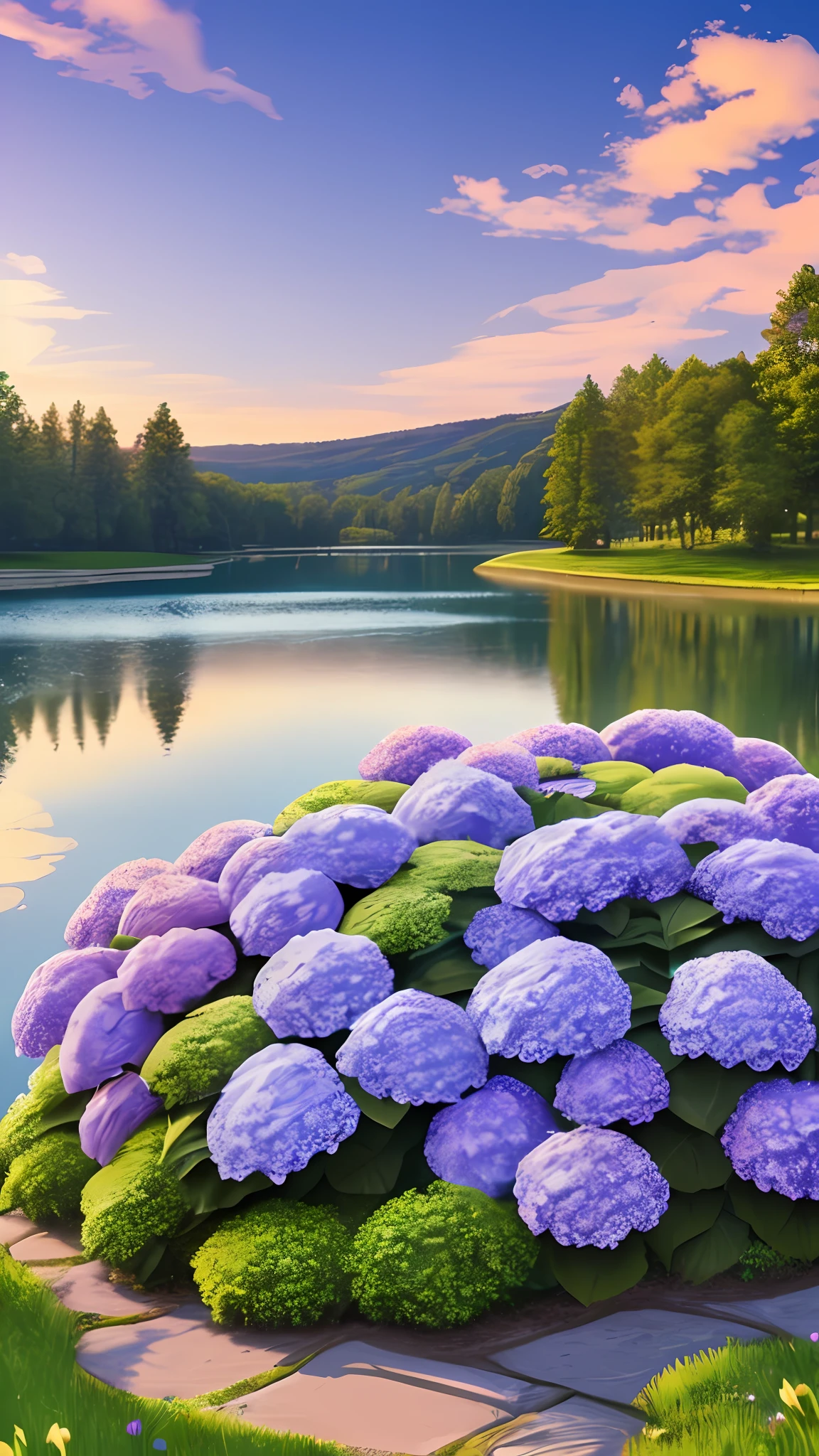 roses, park, lake, hill, pebble path, masterpiece, best quality, anatomically correct, high detail, 8K, wallpaper