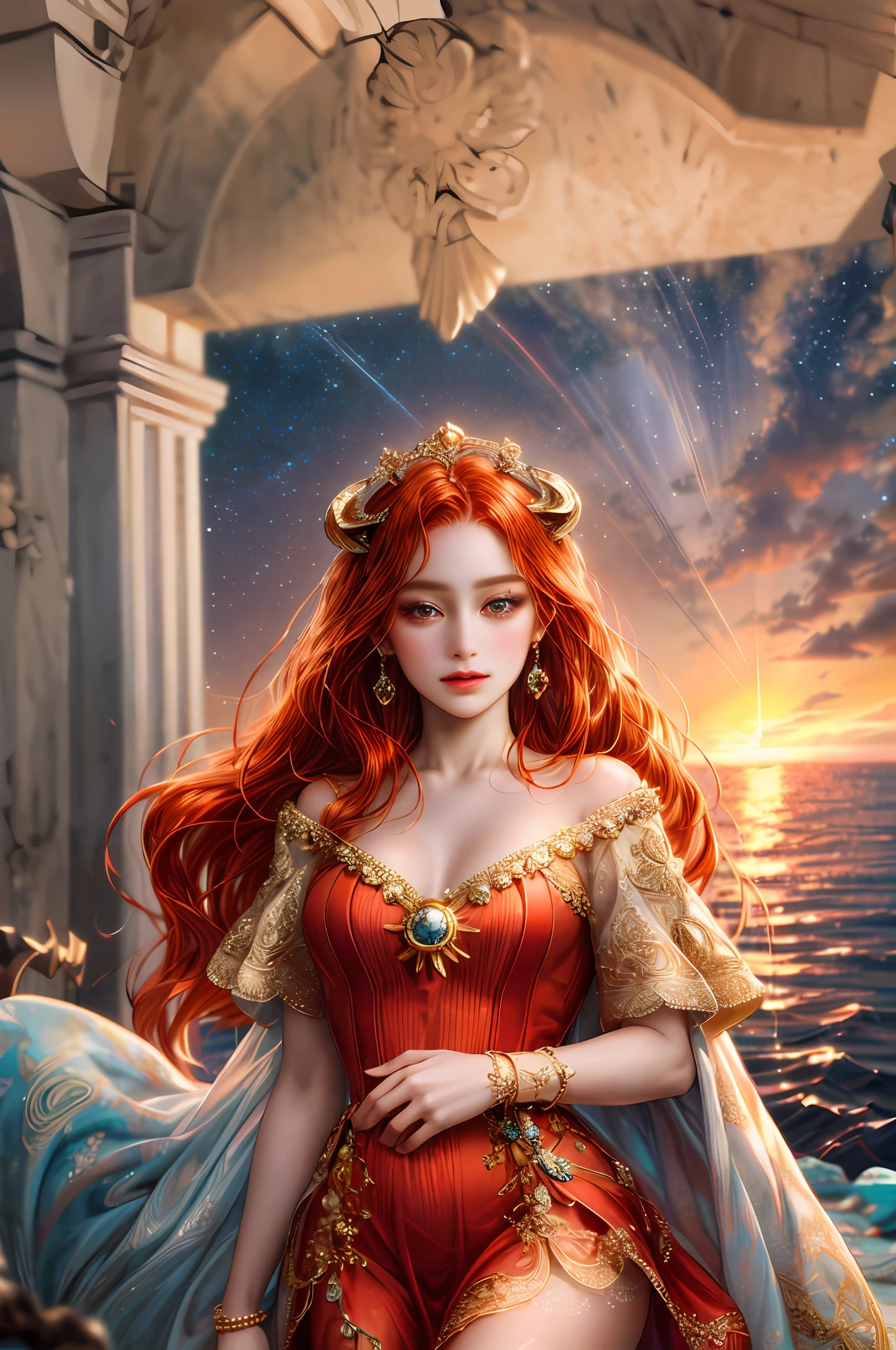 ( High quality , ultra detailed to hand )Zodiac - Aries goddess , similar to latin goodness , Brave ,willful ,productive ,enterprising and humanitarian face , sunset reddish hair , transparent dress , in the ocean with sun , whole body , crystal fire eyes , strong powerful make up look ,