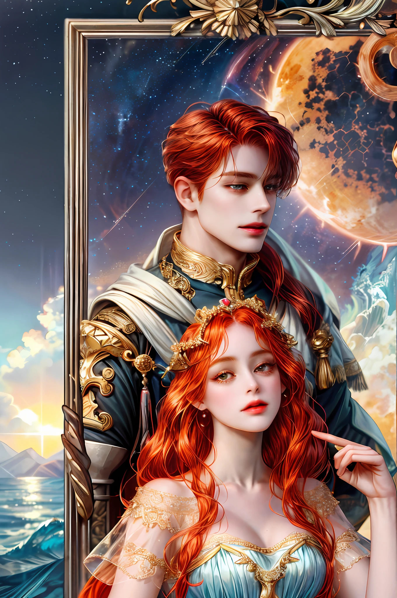 ( High quality , ultra detailed to hand )Zodiac - Aries goddess , similar to latin goodness , Brave ,willful ,productive ,enterprising and humanitarian face , sunset reddish hair , transparent dress , in the ocean with sun , whole body , crystal fire eyes , strong powerful make up look ,