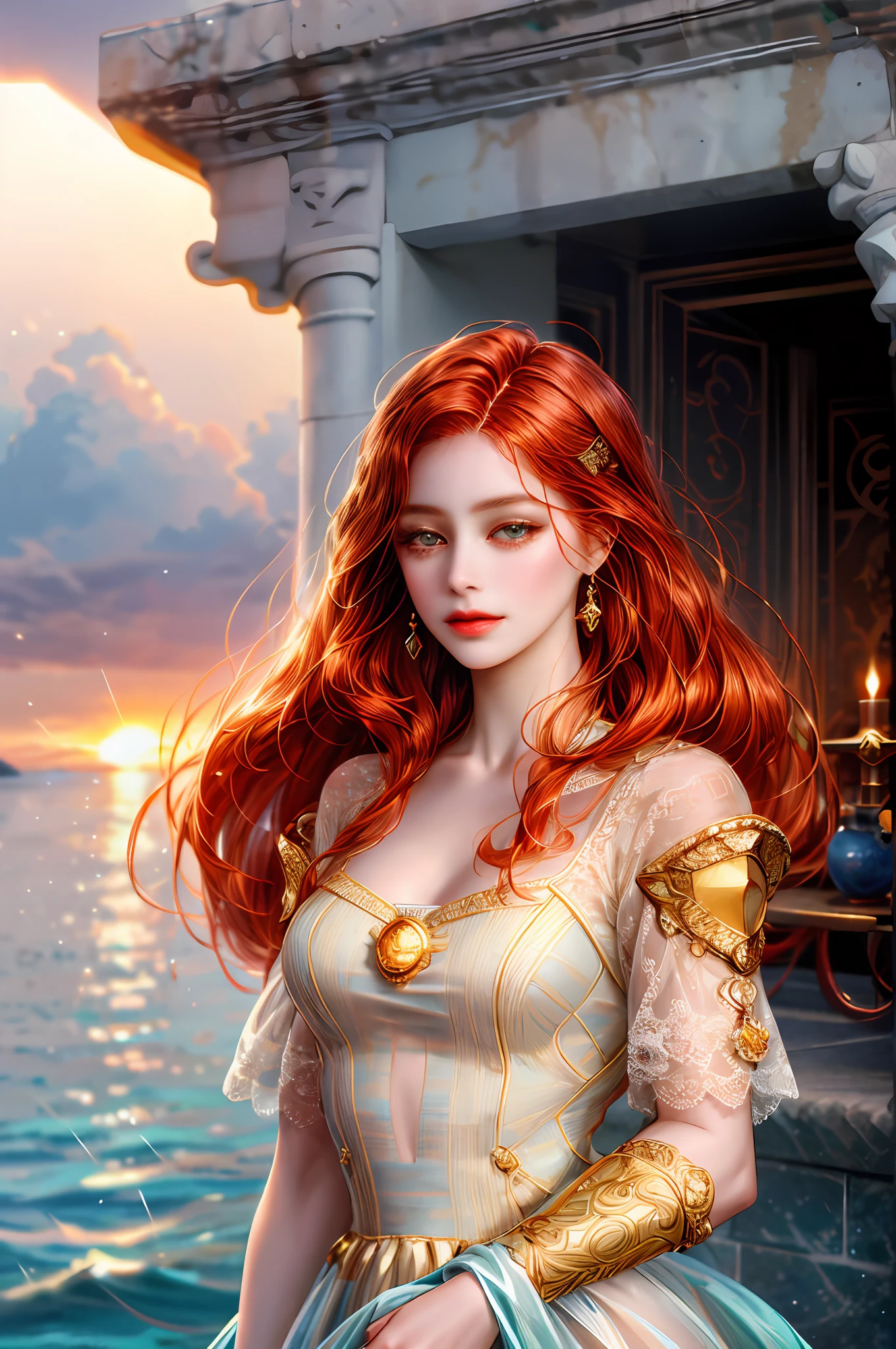 ( High quality , ultra detailed to hand )Zodiac - Aries goddess , similar to latin goodness , Brave ,willful ,productive ,enterprising and humanitarian face , sunset reddish hair , transparent dress , in the ocean with sun , whole body , crystal fire eyes , strong powerful make up look ,