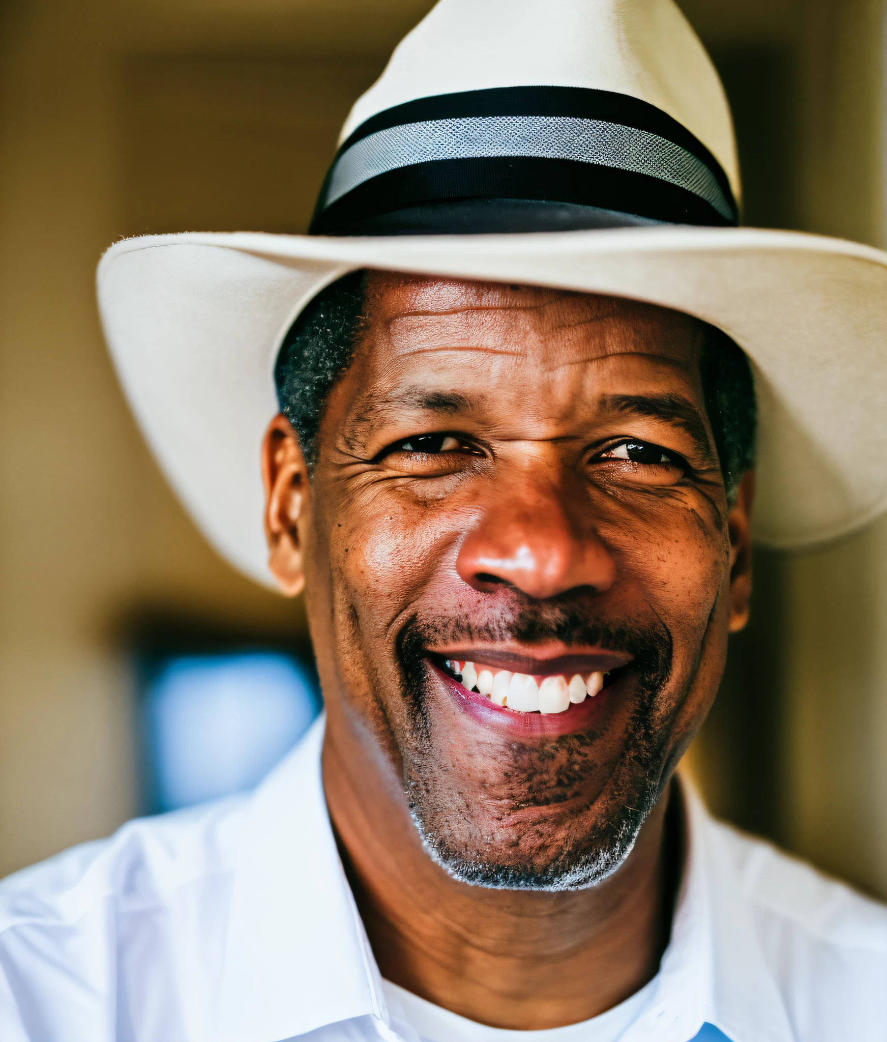 portrait photo of denzel washington wearing a black suit, smiling, white shirt, no tie, fifties, fifty years old, beard, wearing a hat, indoors, dramatic lighting, handsome, denzel washington, canon50, kodak ultramax, pexels, unsplash, film grain, close up