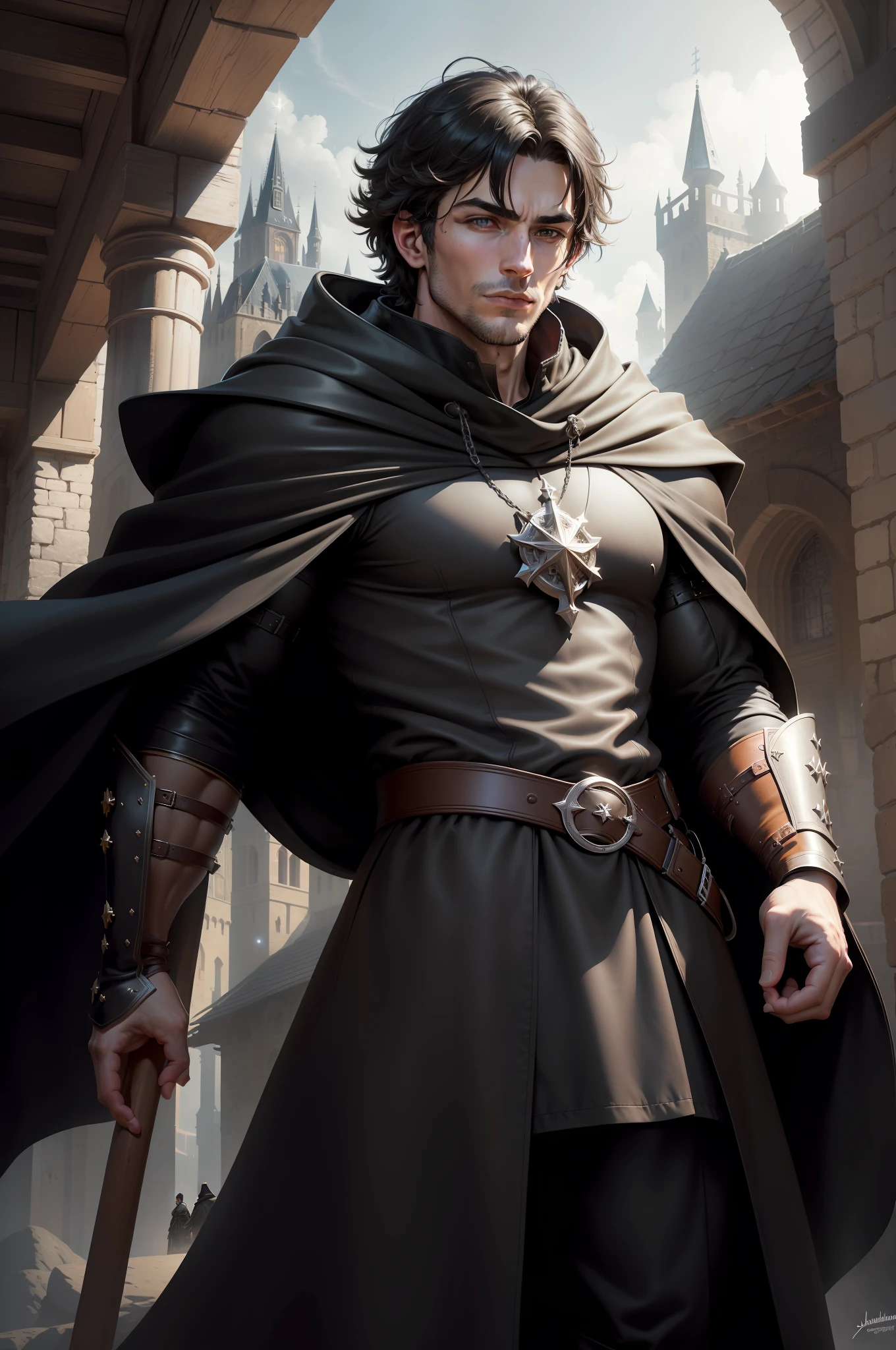 (absurdres, highres, ultra detailed), 1 male, adult, handsome, high muscular face, broad shoulders, finely detailed eyes, short black hair, brown eyes, black cloak, hooded, leather, castle, medieval atmofera, natural light and shadow, There are bright particles flying around man, fantastic, mysterious, bright glow, (Dutch angle), closed mouth, anime