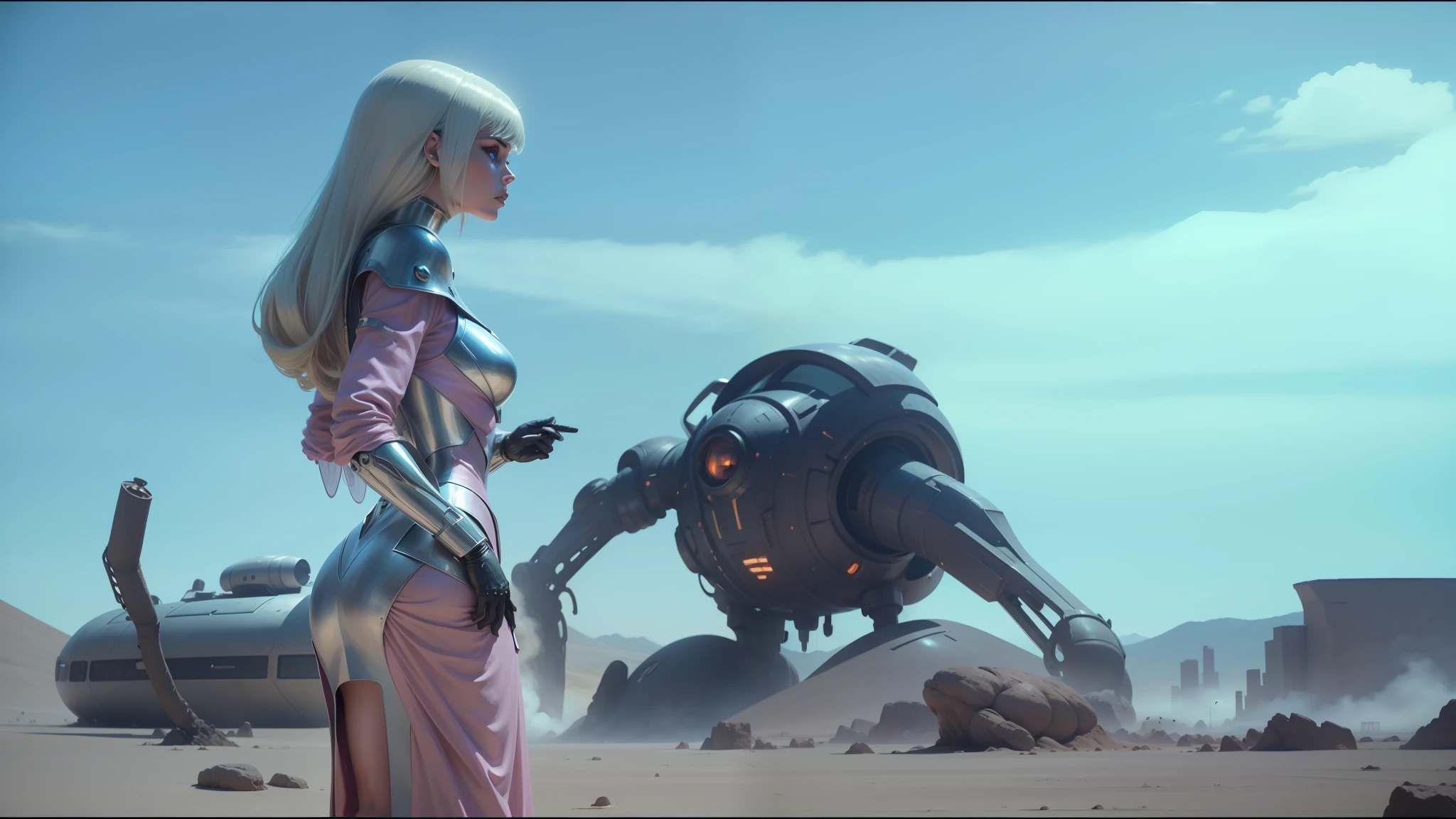 there is a woman in a pink dress standing in front of a giant creature, die antwoord music video, kylie minogue as barbarella, movie still of a alien cyborg, biblical female android, still from movie dune, biopunk futuristic wardrobe, futuristic sci-fi fashion, highly detailed surreal vfx, film still from movie dune-2021 --auto --s2