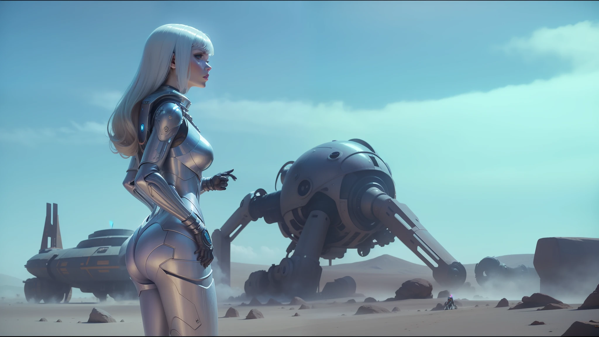 there is a woman in a pink dress standing in front of a giant creature, die antwoord music video, kylie minogue as barbarella, movie still of a alien cyborg, biblical female android, still from movie dune, biopunk futuristic wardrobe, futuristic sci-fi fashion, highly detailed surreal vfx, film still from movie dune-2021 --auto --s2