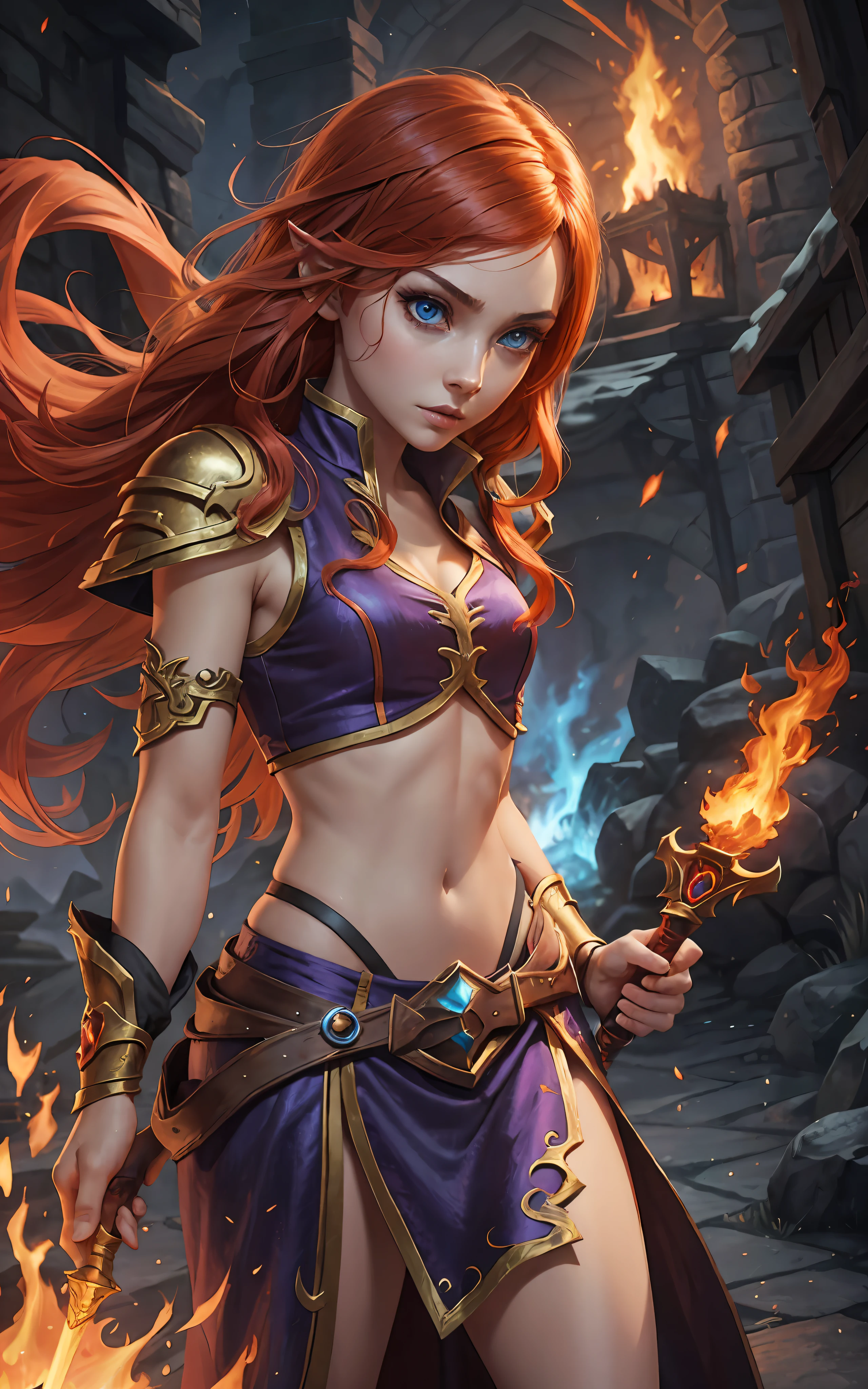 An outstanding beautiful white girl painting, firelight, flame surrounding, fire magic messenger, dota 2 fire girl style, ghost knife style, fire-like hair, long red hair, watery blue big eyes, thin waist, wide hips, mage robes, magic colors, World of Warcraft style, By Blizzard Entertainment, Ultra HD, 8K, real skin texture, best light, best shadow, Lina from dota2, action, wizarding world, Prone view, small mouth, small nose, big eyes, cute, full body, perfect body proportions, enhanced contrast, fire dragon as background, void fragments