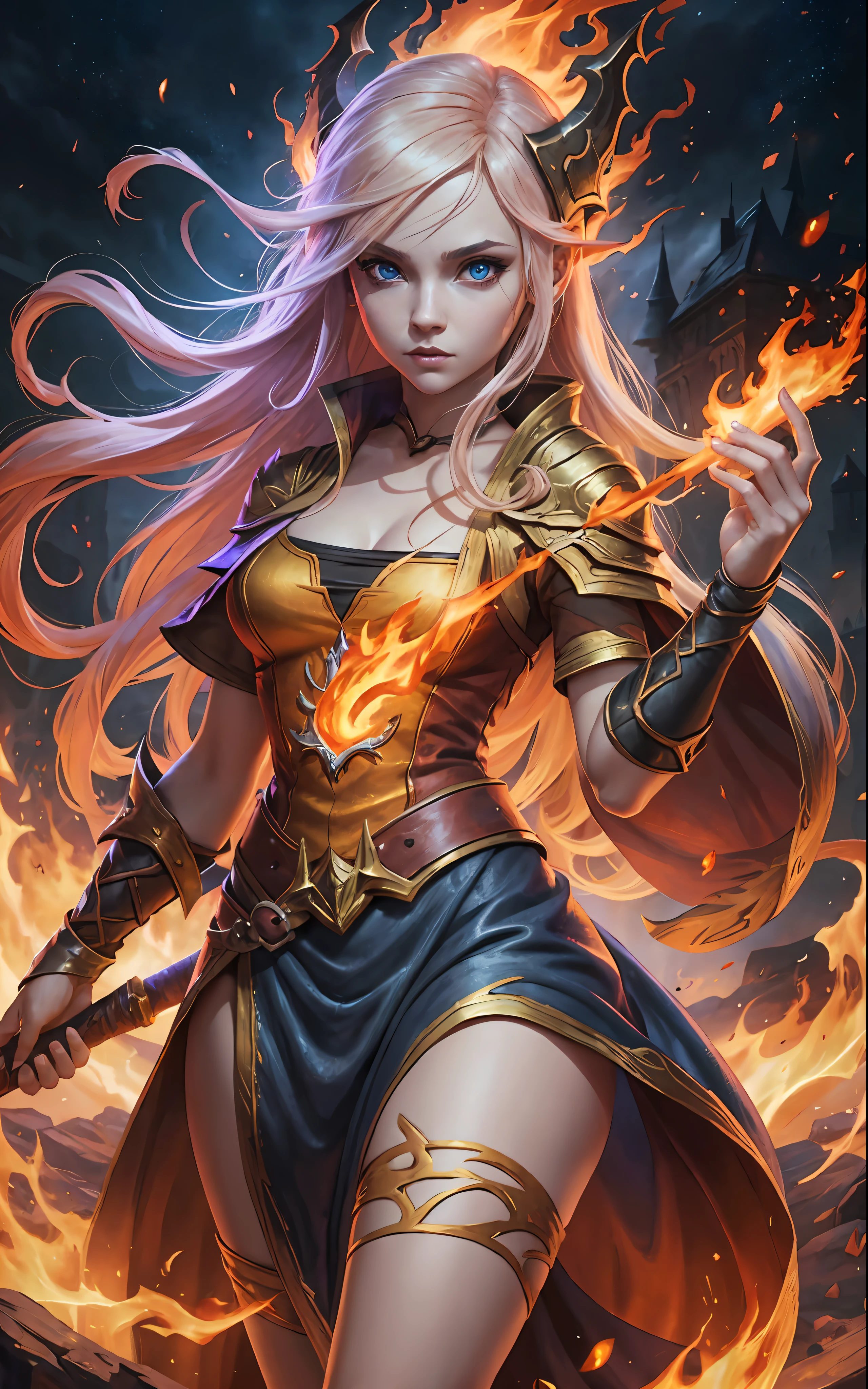 An outstanding beautiful white girl painting, firelight, flame surrounding, fire magic messenger, dota 2 fire girl style, ghost knife style, fire-like hair, long red hair, watery blue big eyes, thin waist, wide hips, mage robes, magic colors, World of Warcraft style, By Blizzard Entertainment, Ultra HD, 8K, real skin texture, best light, best shadow, Lina from dota2, action, wizarding world, Prone view, small mouth, small nose, big eyes, cute, full body, perfect body proportions, enhanced contrast, fire dragon as background, void fragments