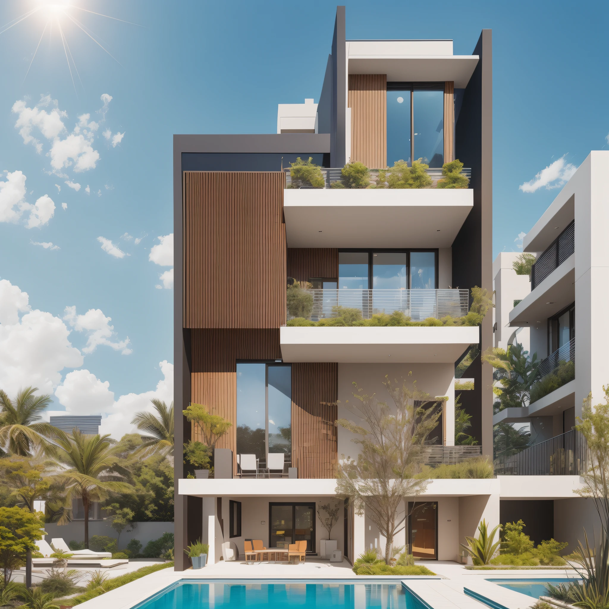 Design a {style_1} futuristic residential building featuring a prominent {plant_1} vertical garden and {solar_panel_1} solar panels, seamlessly incorporating {sustainable_element_1} and {sustainable_element_2} for efficient urban living. The architectural design should showcase {specific_feature_1} and {specific_feature_2}, capturing a sense of {theme_1} while being inspired by the works of {artist_1} and {artist_2}. Utilize {medium_1} to bring forth the intricate details and innovative aspects, ultimately creating a groundbreaking and eco-friendly blueprint for the future of housing. --auto --s2