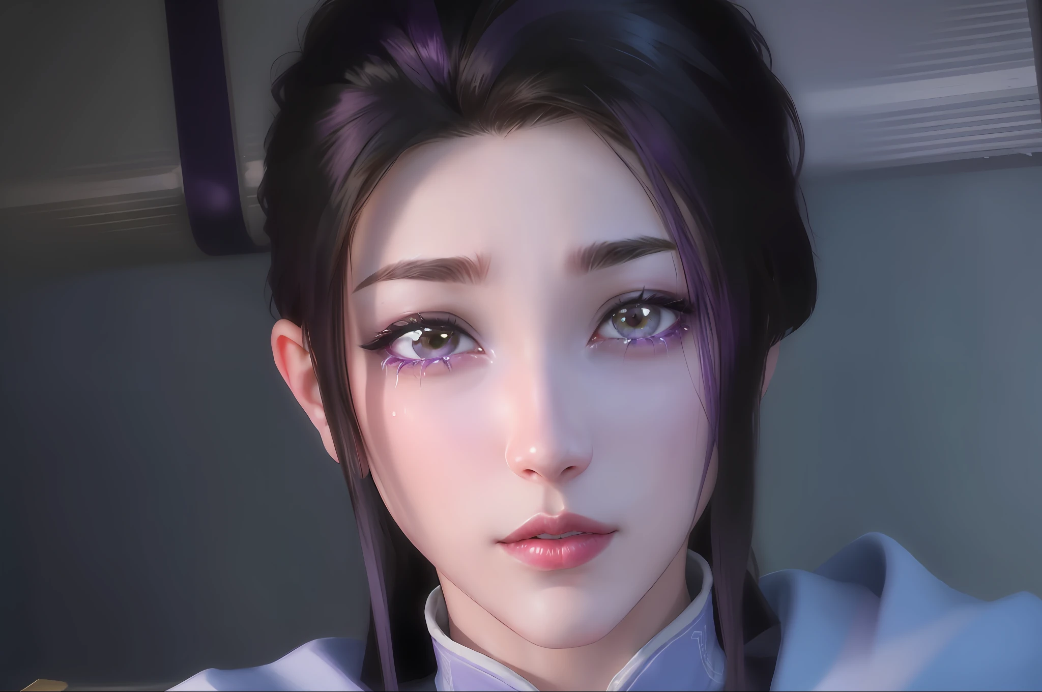 (32k) 16k, 8k, 4k, super fine face, lipstick, crying, teary eyes, purple hair, purple eyes, high resolution, perfect. Portrait.