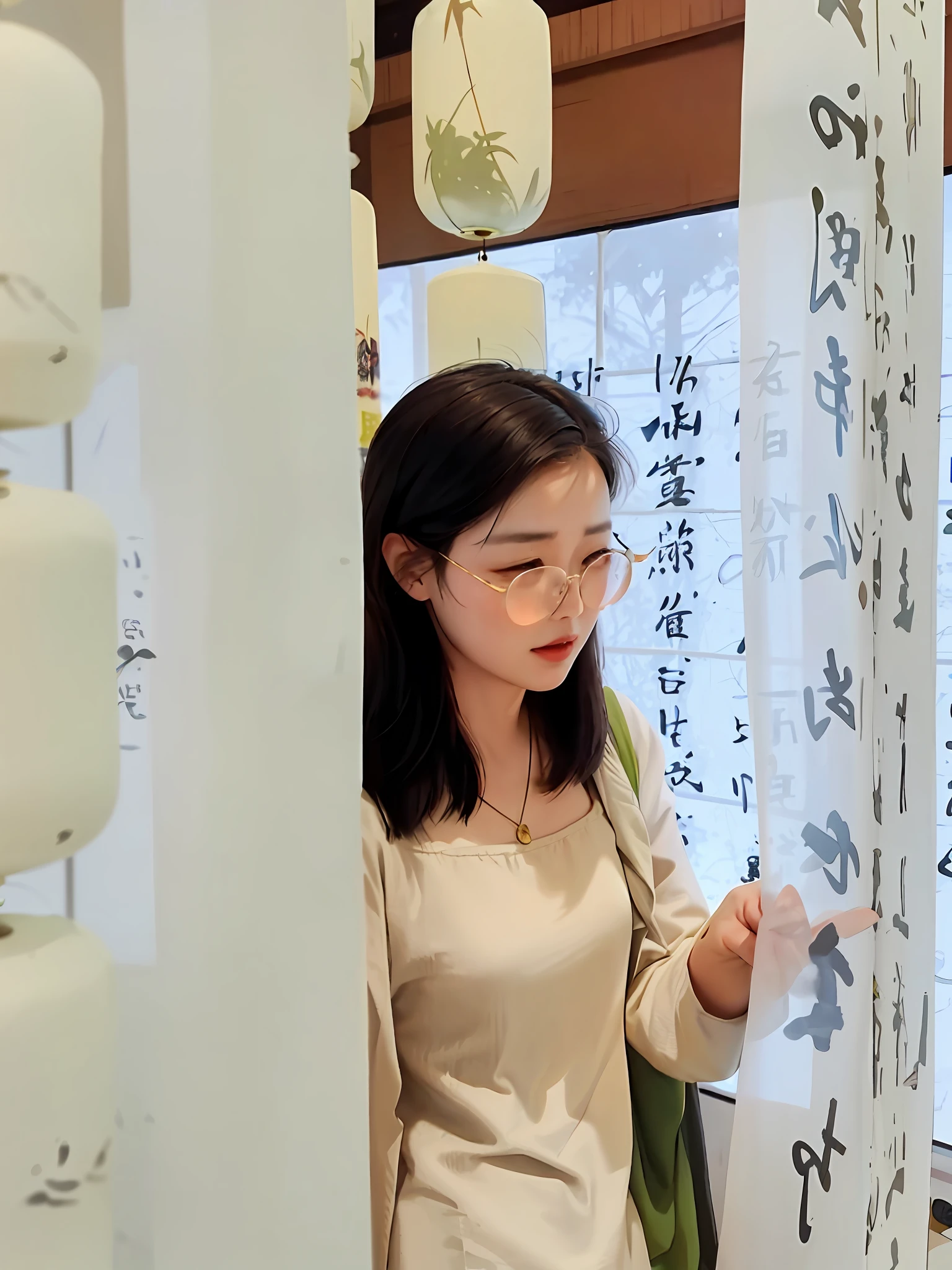 Woman looking at a piece of paper in beige shirt and glasses, Chinese painting style, drinking tea and paper lantern, Korean artist, Chinese artist, inspired by Ma Yuanyu, inspired by Qian Du, inspired by Xia Gui, inspired by Shinsui Ito, inspired by Xia Shuwen, Chinese ink painting, Japanese calligraphy, 🤬 🤮 💕 🎀 traditional Chinese ink painting, traditional Chinese ink painting