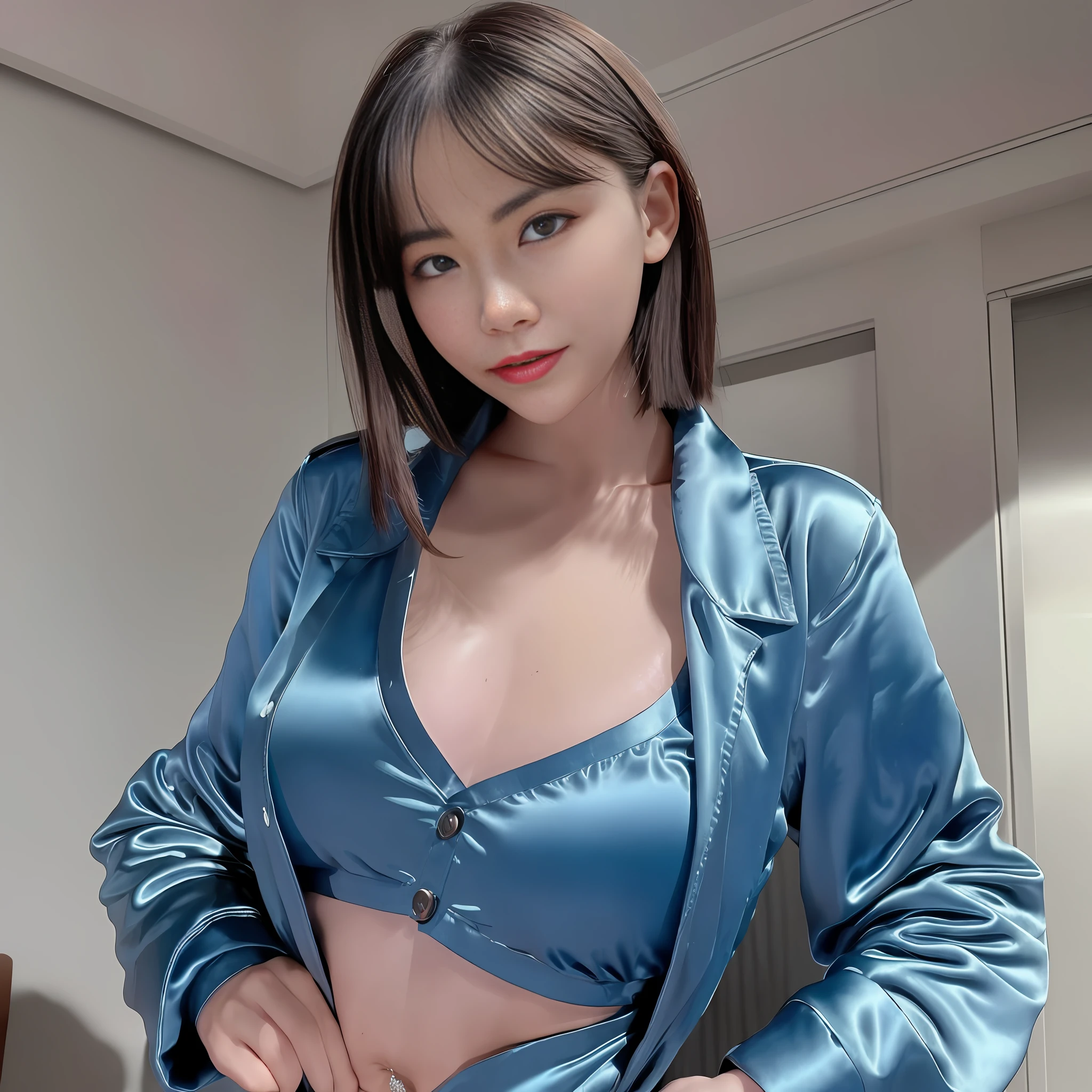 (RAW Photos, Best Quality, Masterpiece: 1.2), (Realistic, Photorealistic: 1.37), 1 Girl, Light Smile, (Big: 1.2), (High Detail: 1.2), (Detail Background: 1.2), (Shiny Skin: 1.2), (Skin Dents: 1.3), (Plump: 1.2), (Perfect Body: 1.35), (Portate: 0.8), Gorgeous, Floating Hair, Head Tilt, watch the viewer, (small head: 1.4), wear a satin wrench coat, the material of the satin wrench coat and satin blouse is shiny, soft and smooth to the touch, the buttons of the satin wrench coat are large, the buttons in front of the satin wrench coat are fastened, and the underwear is not worn, the collar of the satin blouse must be taken out of the satin wrench coat, Body-fitting satin blouse, chest is C cup, Japan fashion model, wearing a shirt, wearing a coat, one beauty, the place is a hotel bedroom, the eyes are clear double, wet lips and appeal,