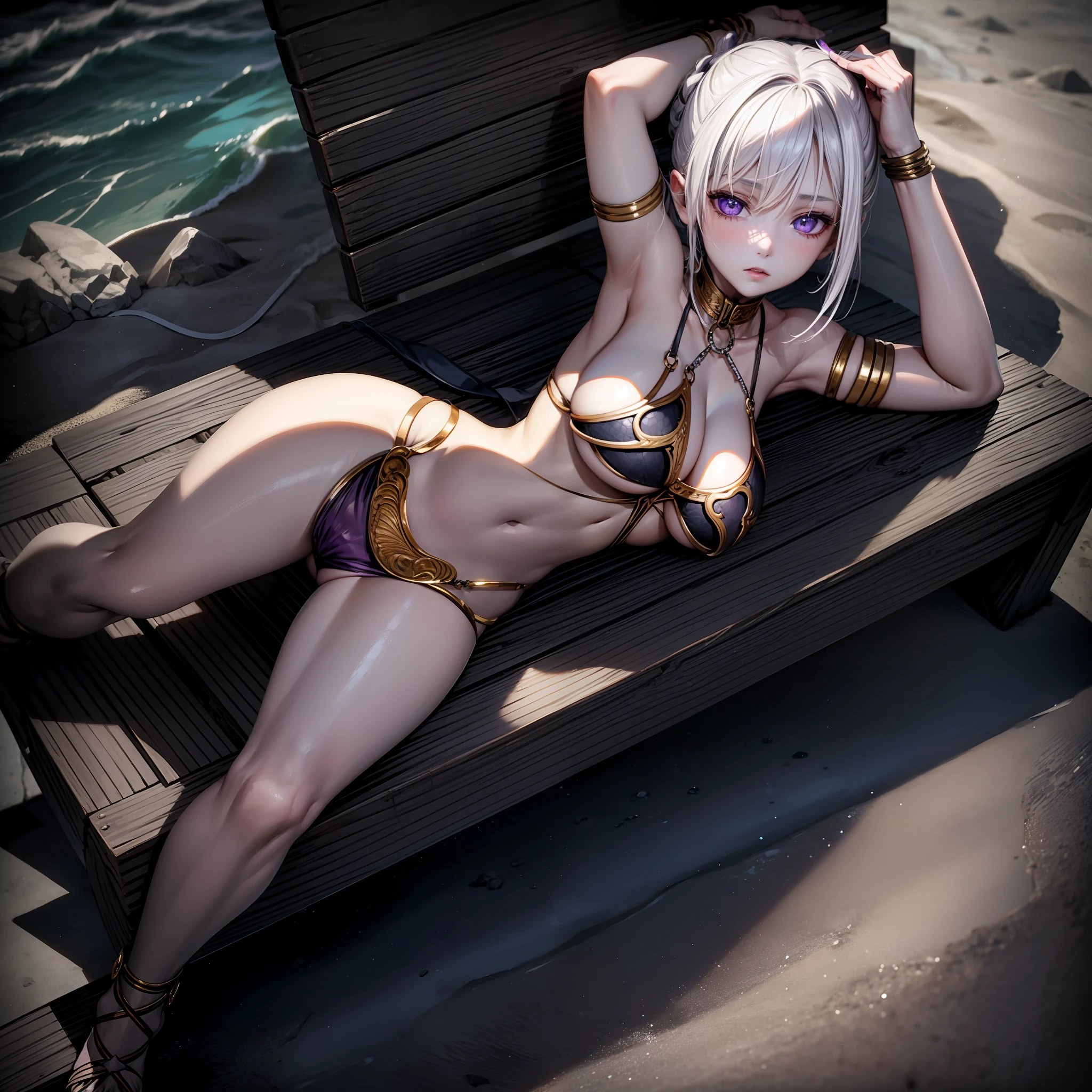 masterpiece, 1girl, purple eyes, glowing eyes, white hair, slavekini, sand, shore, beach, crystal water