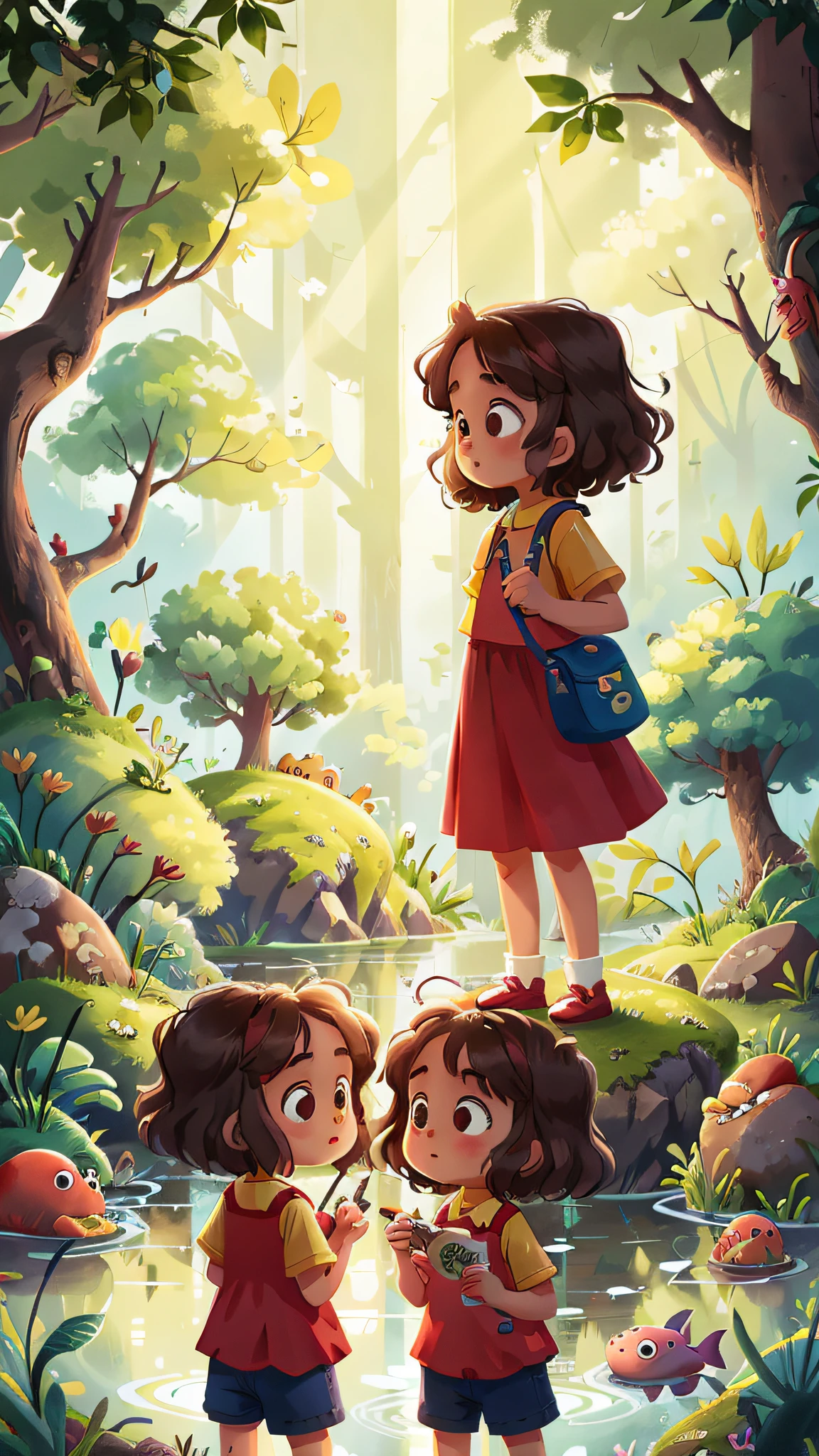 Two twin girls looking at the fish in the lake, curly brown hair.