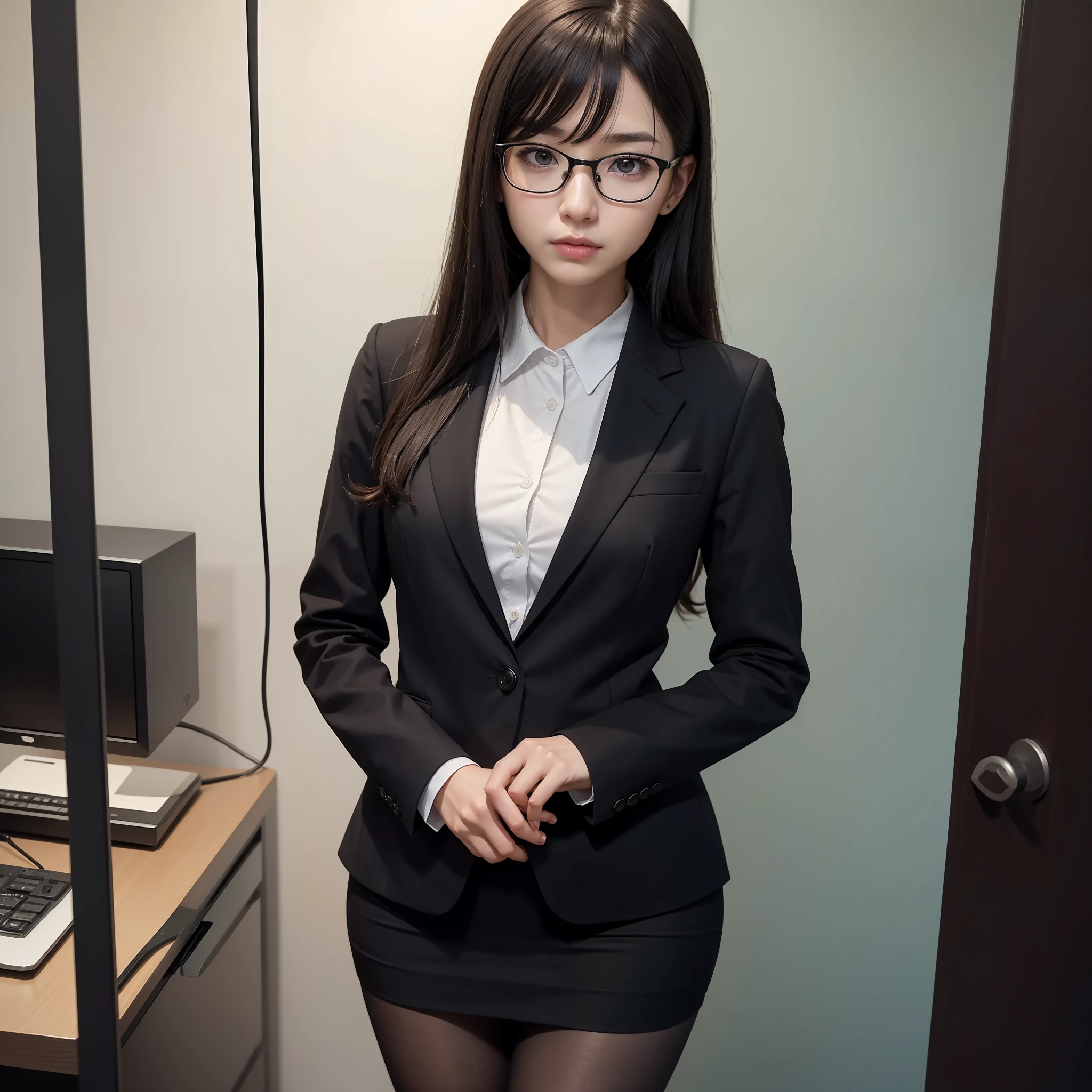 (female),(one girl),one woman standing,raw photo, frank, narrow eyes,full body,black pantyhose,textured skin,,office lady,suit,bangs about eyebrows,(medium hair:1.2),raw photo, pale skin, Japan persons, glasses, small, young, tall, dark expression, bright black eyes, anger, slender body, medium build, small waist, wide thighs, photorealistic, best quality, 8K, masterpiece