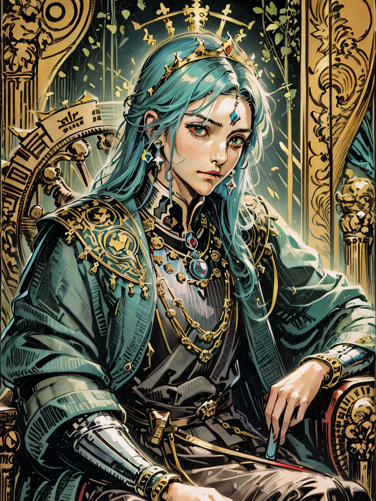 (Masterpiece, Masterpiece), Tarot Cards, Cards, (Delicate Facial Features), Male Emperor, Crown, Sword, Sitting on a Throne, Serious Expression, 8K, Intricate Details, (Digital Works of Art)