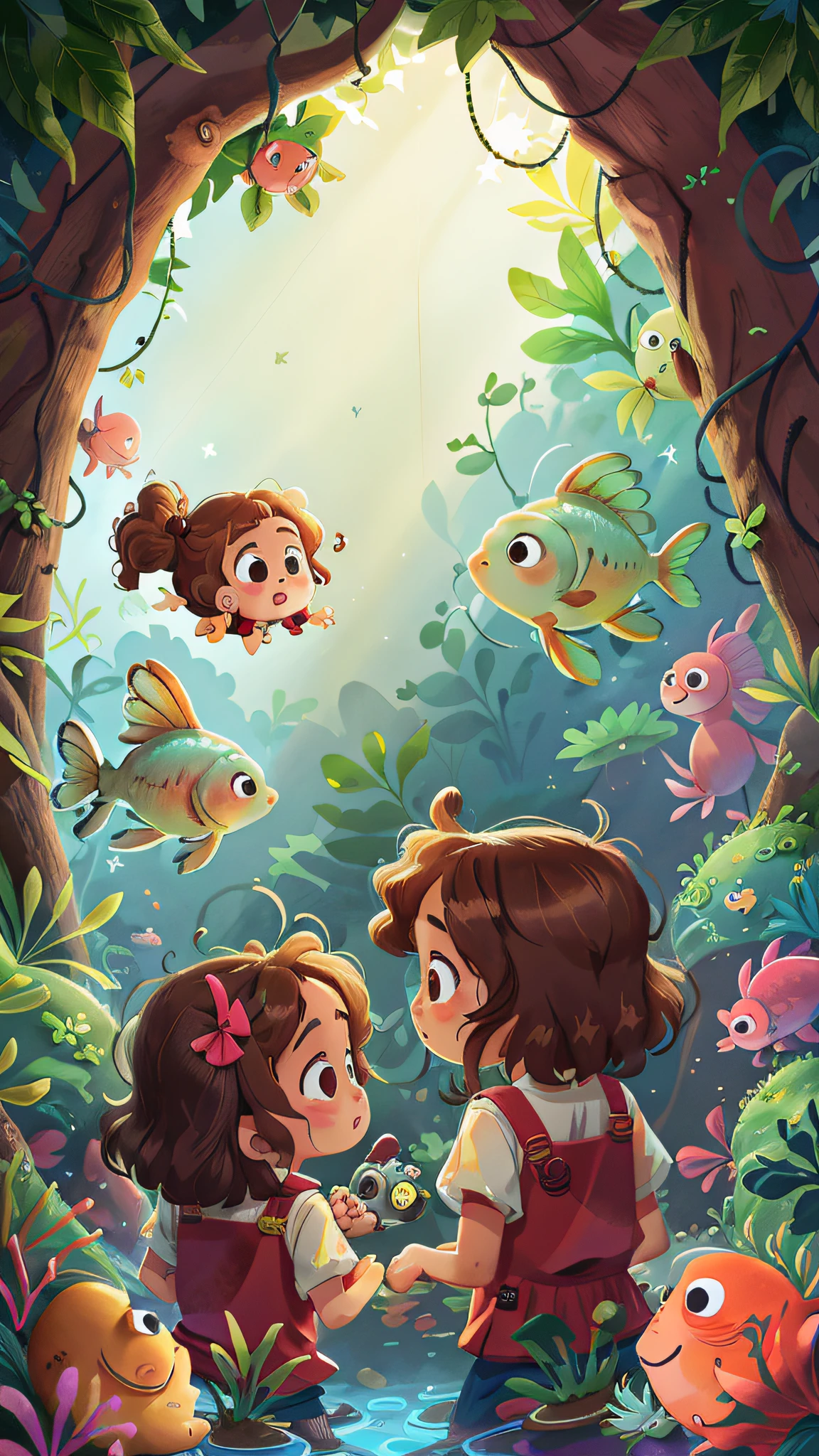 Two twin girls looking at the fish in the aquarium, curly brown hair.