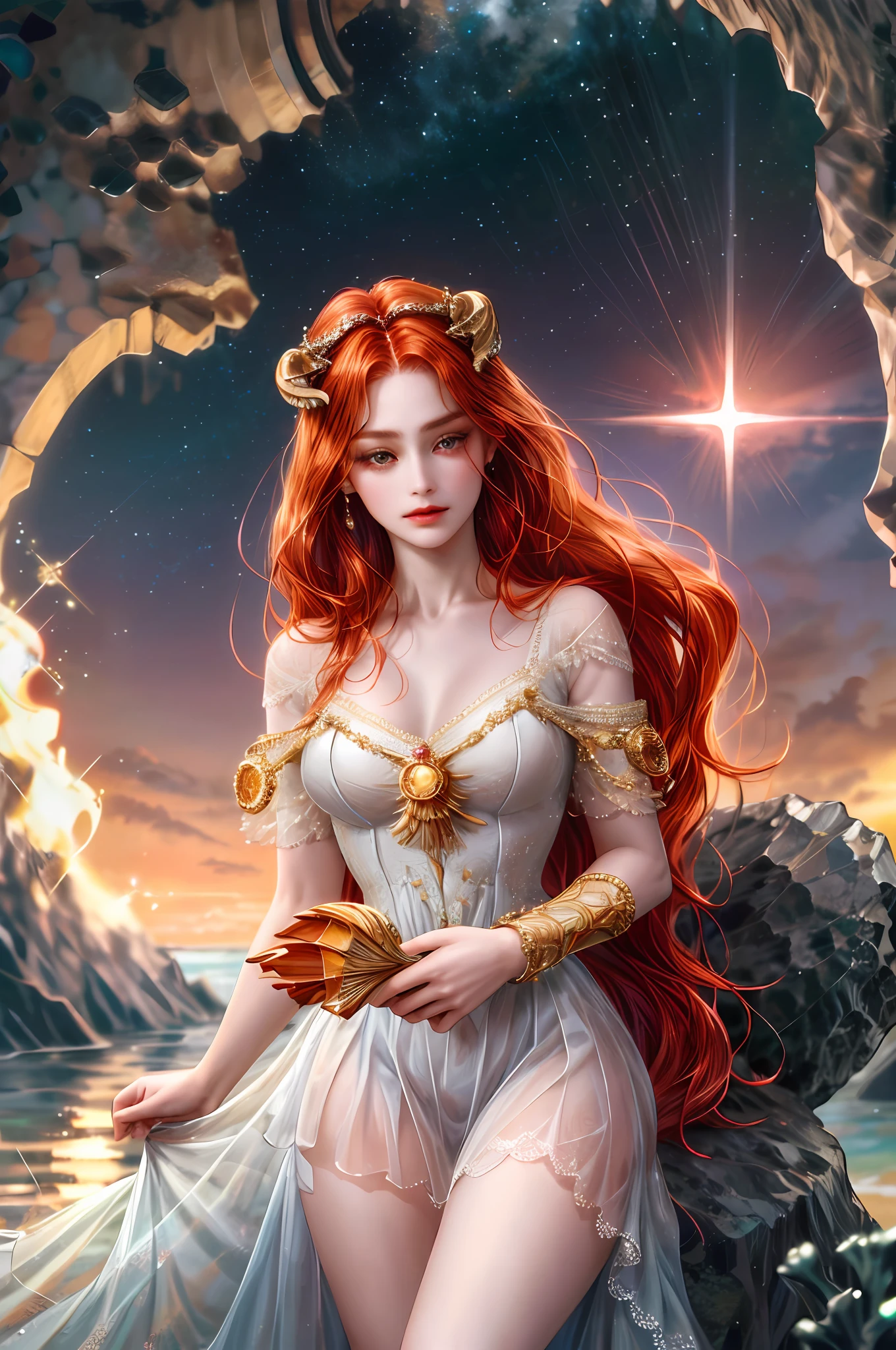 ( High quality , ultra detailed to hand )Zodiac - Aries goddess , similar to latin goodness , Brave ,willful ,productive ,enterprising and humanitarian face , Moody, impulsive, impatient, assertive. sunset reddish hair , transparent dress , in the ocean with sun , whole body , crystal fire eyes , strong powerful make up look ,