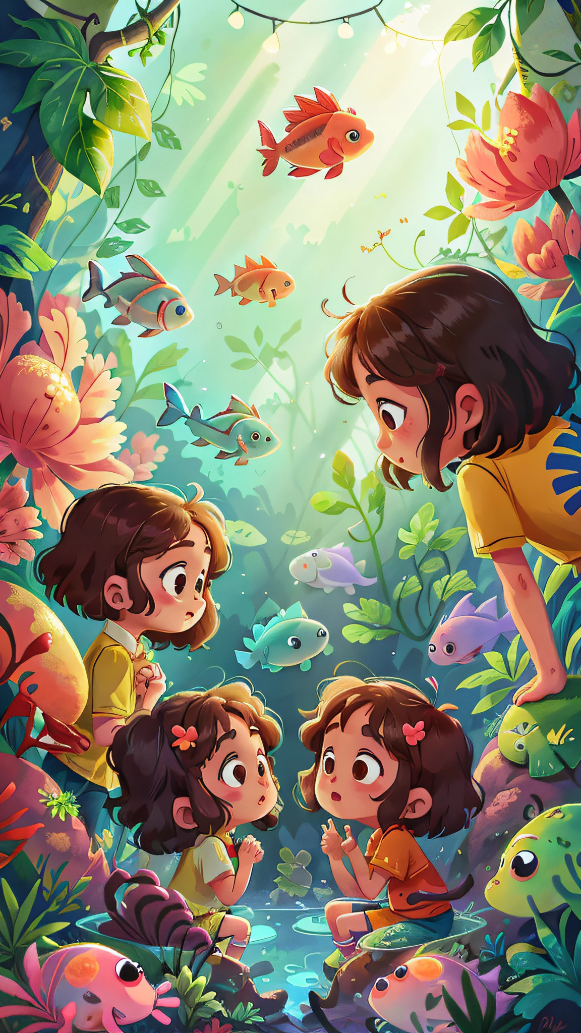 Two twin girls looking at the fish in the aquarium, curly brown hair.