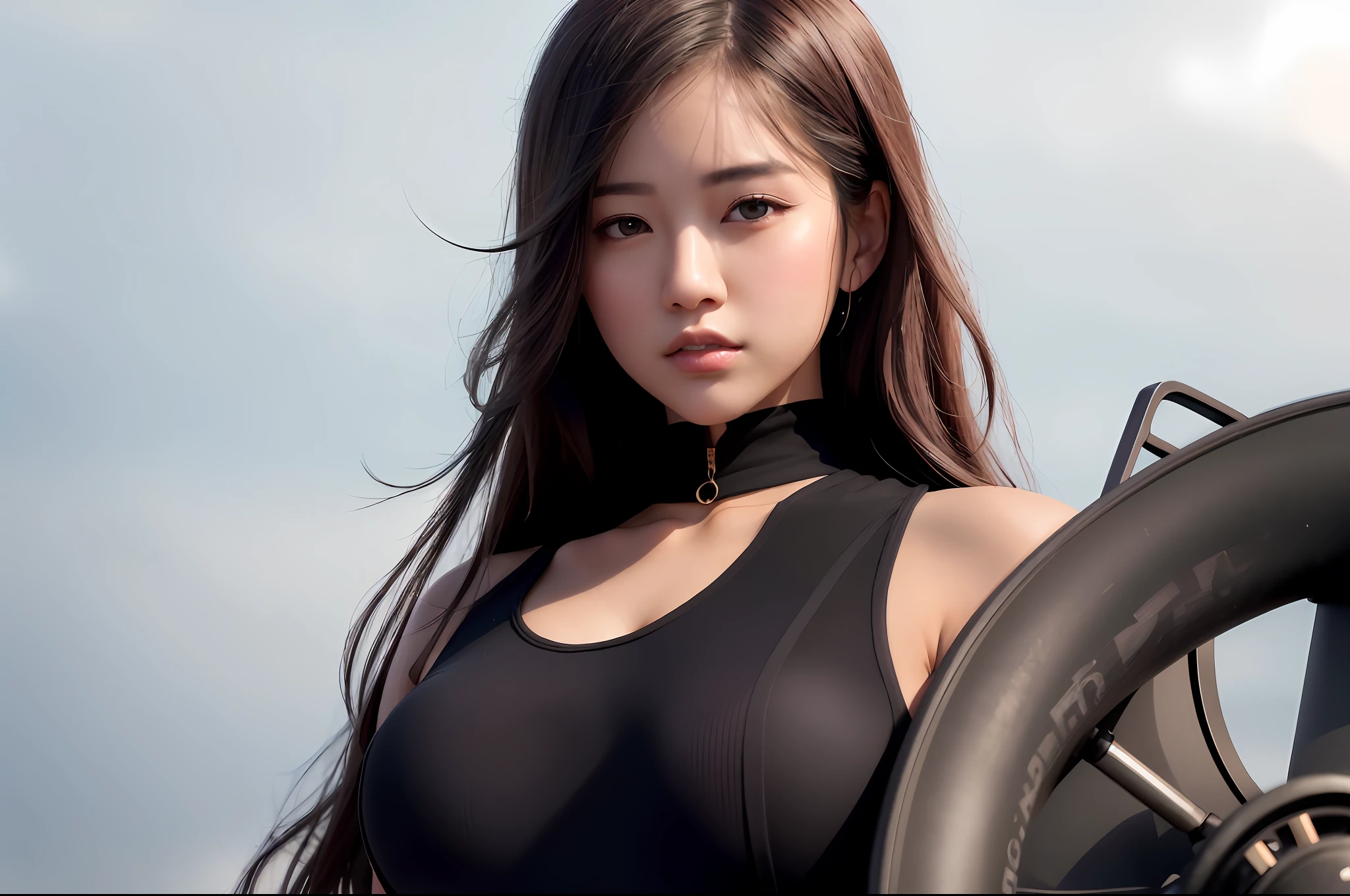 arafed asian woman in a black top and black skirt holding a wheel, seductive tifa lockhart portrait, korean girl, 8k artgerm bokeh, beautiful south korean woman, ig model | artgerm, cute girl wearing tank suit, gorgeous young korean woman, portrait of female korean idol, smooth anime cg art, she is wearing a black tank top